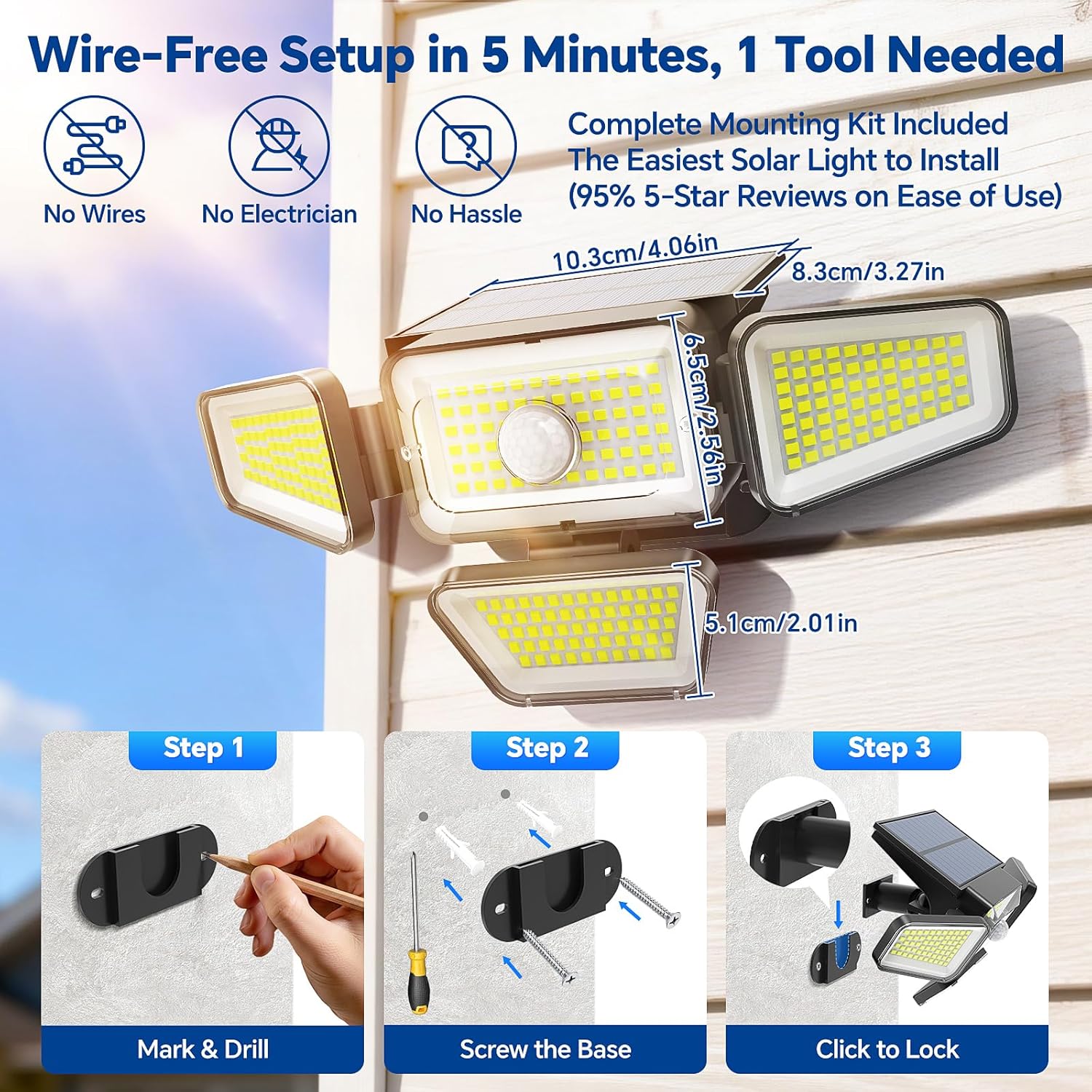 Solar Lights Outdoor, 3000LM Solar Powered Motion Sensor Light, IP65 Waterproof Security Flood Light with 3 Modes, 16-26FT Detection, 6.5-10FT Mounting Height for Wall, Garage, Yard (4 Pack)