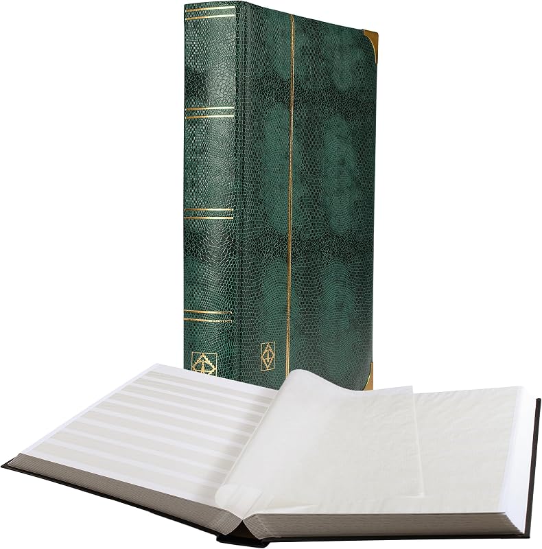 LEUCHTTURM – Clasificador para Sellos “Comfort Deluxe” - Cubierta Acolchada de Polipiel de Cocodrilo 64 Páginas de Cartulina Blanca A4 con 9 Tiras, Intercalados Glassine, Esquinas Metálicas y Bisagras Dobles de Lino - Verde