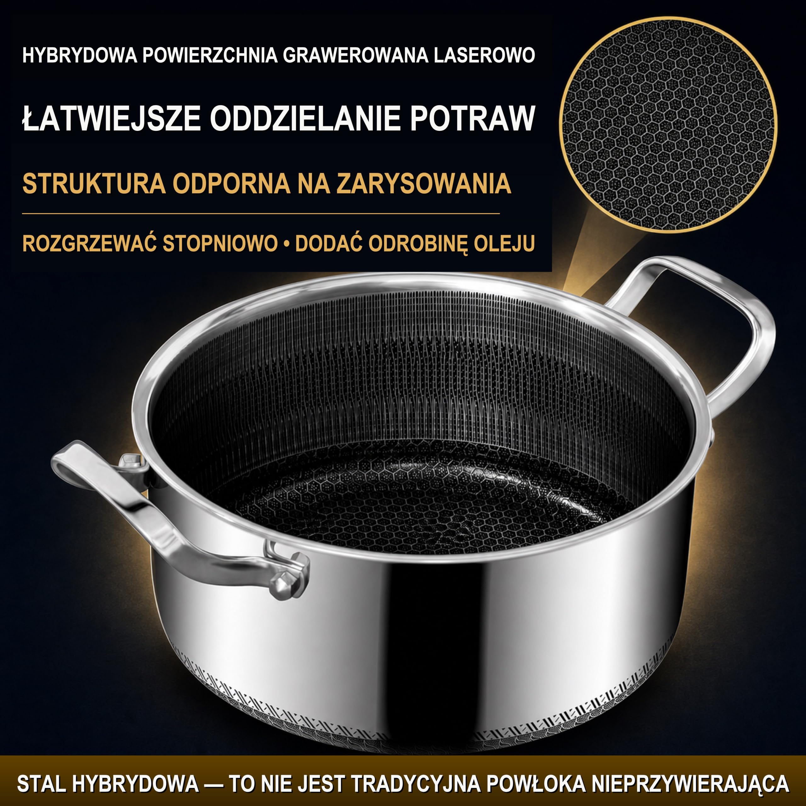 INTIGNIS Trójwarstwowy garnek ze stali nierdzewnej, 24 cm, 5 l, hybrydowa, nieprzywierająca, indukcyjna i kuchenna, nadaje się do piekarnika, ze szklaną pokrywką, gruba podstawa bez PFOA, naczynia