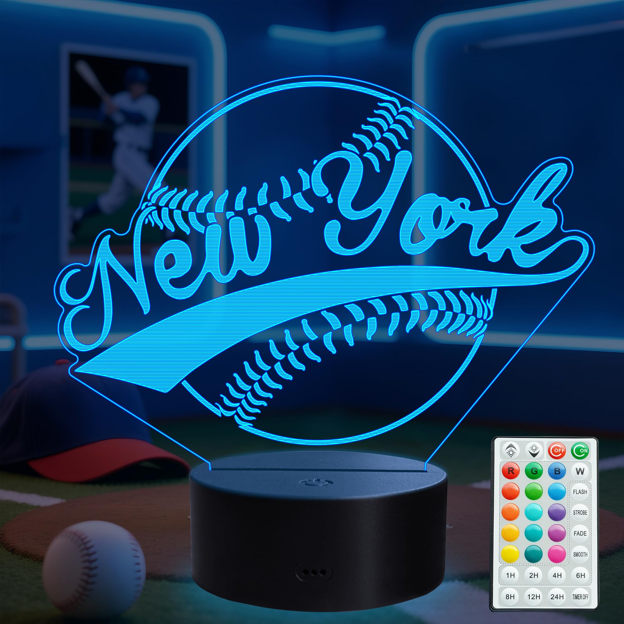 Baseball New York Night Light, NY Baseball Sport Gifts for Boy, 3D Illusion Lamp with Remote Control, 16 Colors Changing, RGB Flashing Mode and Dimmable, Gifts for Boys Christmas Decor