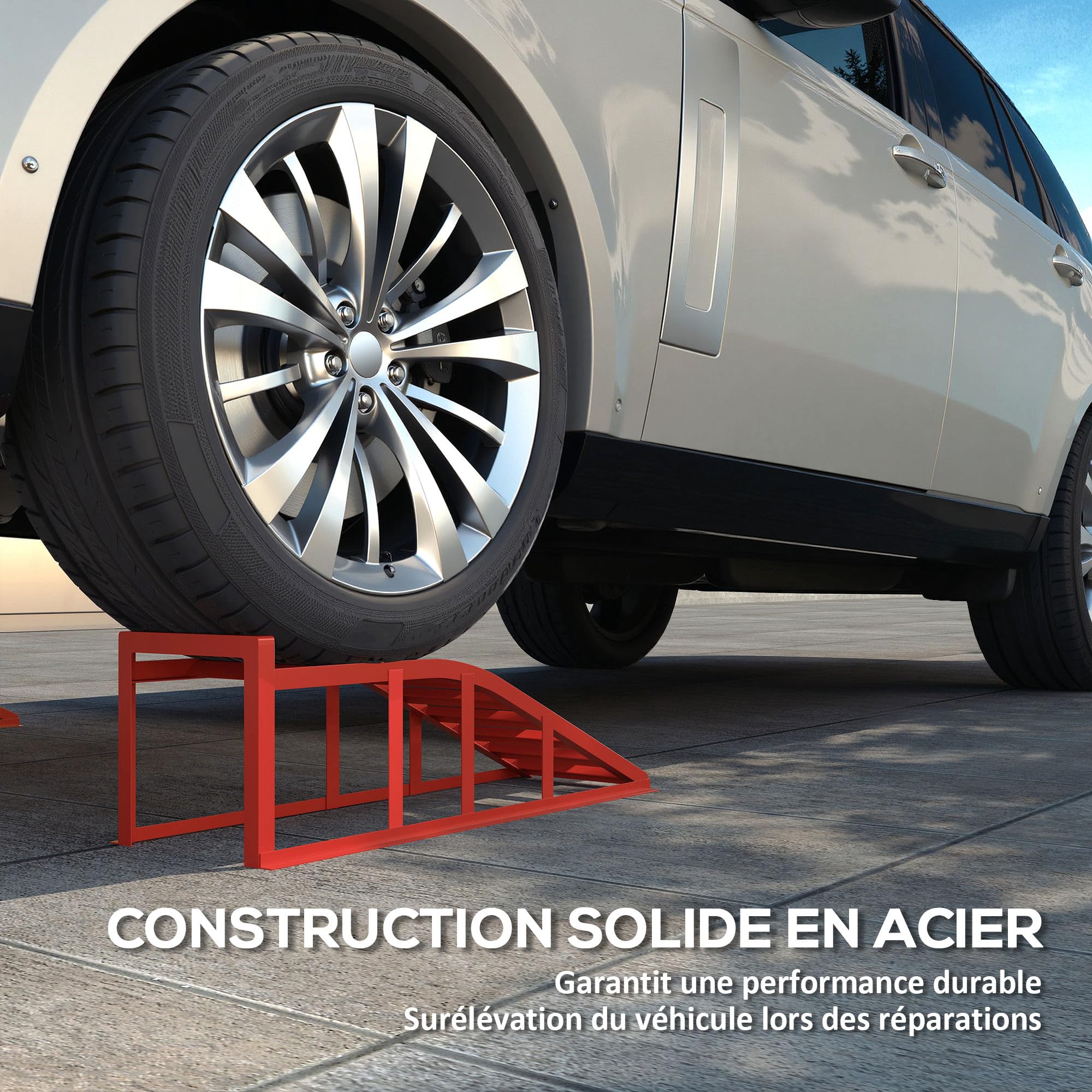 HOMCOM Juego de 2 rampas de acceso para coche, rampa de elevación de acero para coche, antideslizantes, para el mantenimiento y reparación de vehículos, para garaje, casa, taller, rojo