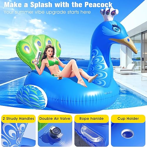 Miniatura 6 de DeeprBetter Flotador inflable de pavo real para piscina, flotadores divertidos para adultos, flotadores de piscina de alta resistencia, flotadores