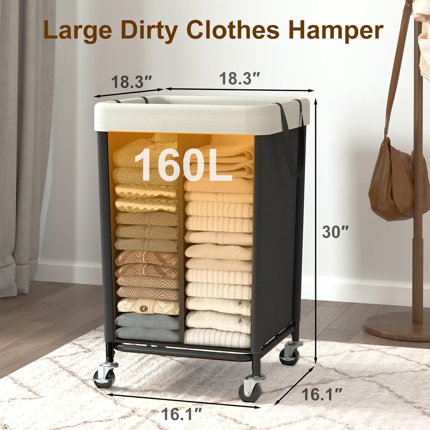 WOWLIVE 160L Rolling Laundry Hamper with Wheels, Heavy Duty Laundry Basket, Large Laundry Cart with Steel Frame and Removable Bag, Dirty Clothes Hamper for Home, Closet, Dorm, Bathroom, Black