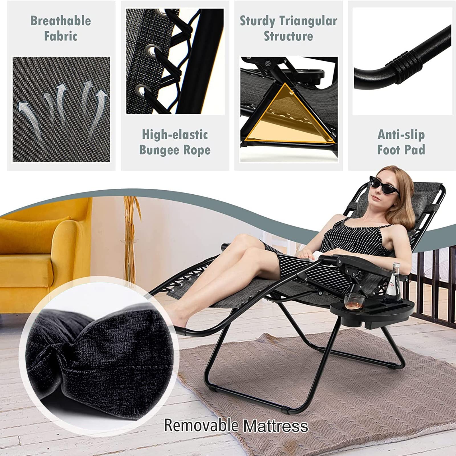 Tumbona Plegable Playa, Silla Reclinable Gravedad Cero con Cojines Y Portavasos, Silla Jardin Exterior para Playa Piscina Hamaca Reposabebidas, Soporta hasta 180 Kg (Color : Lounge Chair with Green M