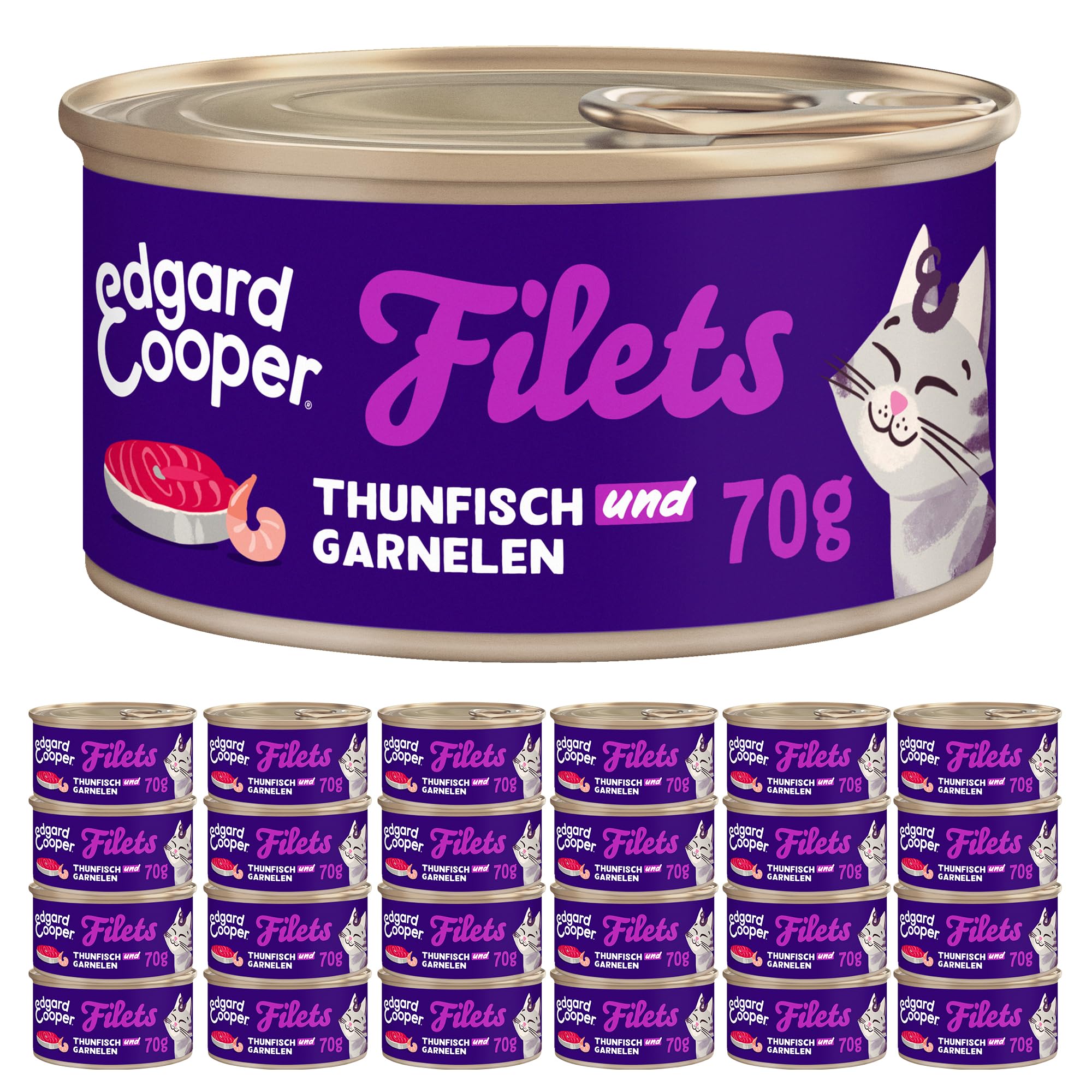 Edgard & Cooper Comida para Gatos húmeda filetes atún Natural 70 g (24 Unidades) - 0% de azúcar añadido, Ingredientes 100% Naturales, Alimentos complementarios (atún/camarones)
