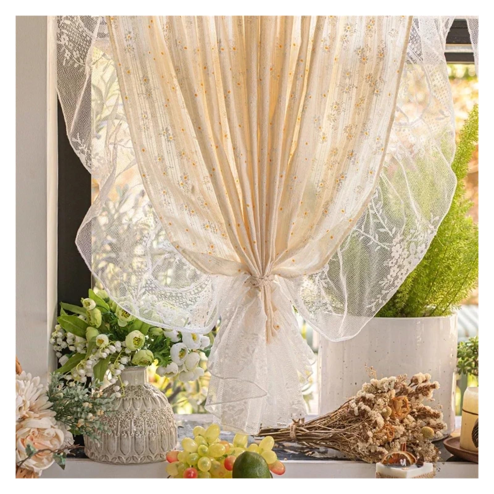 DFGRGRV Ruffle Curtains Embroidery Short Curtains for Cafe, Kitchen Bookshelf, Ruffled White Lace Tier Partition Window Drapes(1PC W170xH120 cm)