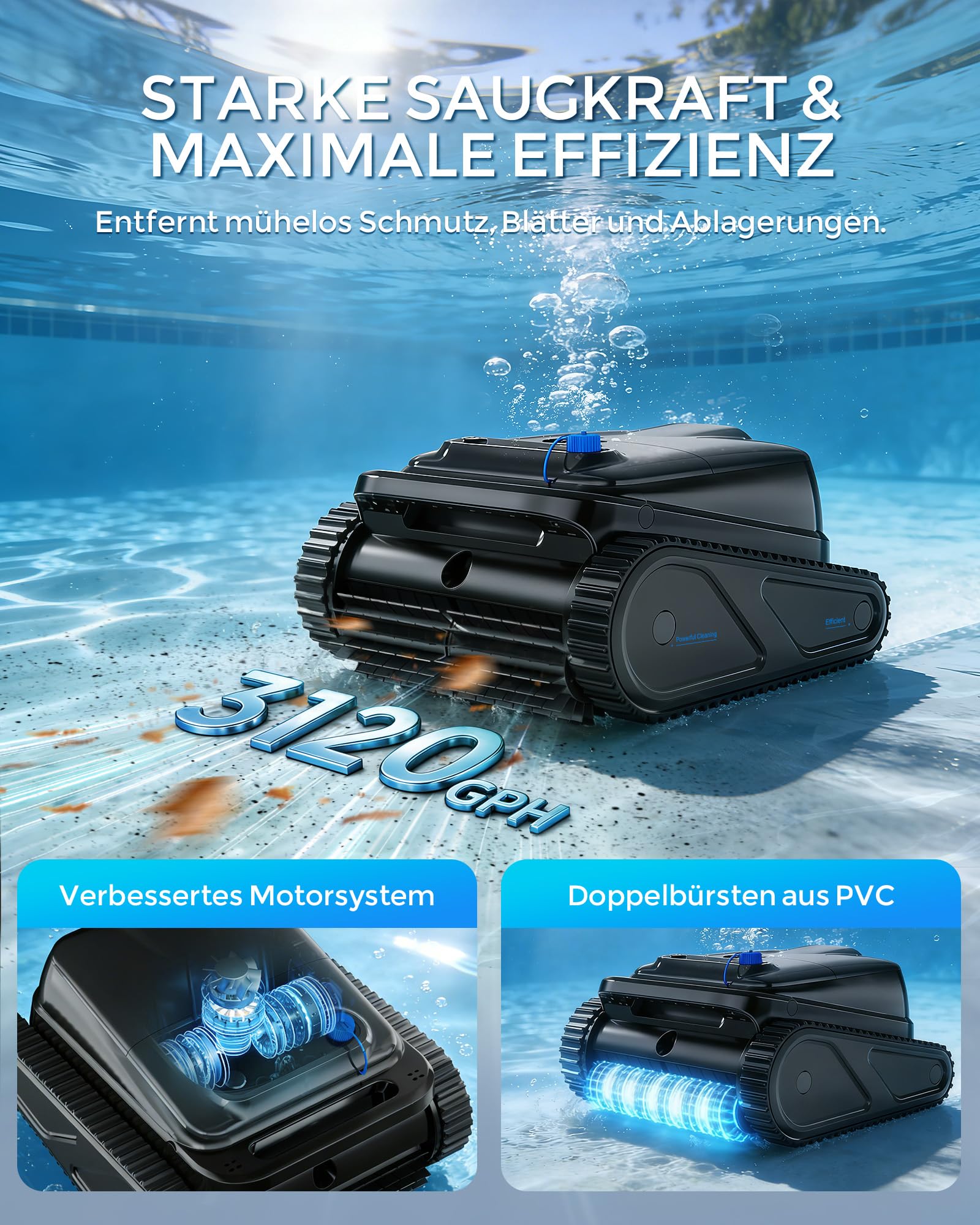 (2026) Y50SE Poolroboter Boden und Wand, Wasserlinie, 120 Min Laufzeit, Intelligente Navigation, Flachzone 4-in-1, Kabelloser Poolsauger Akku, 4 Sensoren, Starker Poolsuager für Pools bis zu 200 m²-SC