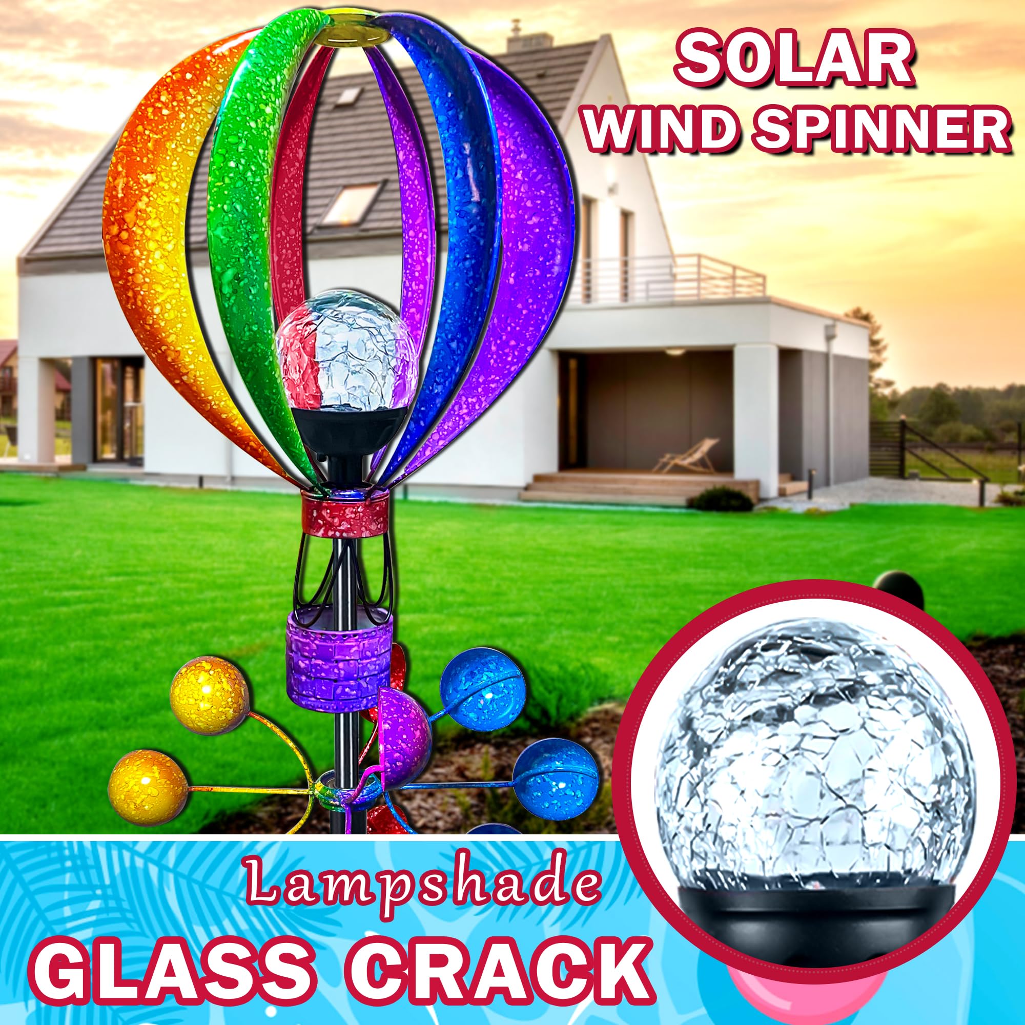 Solarny wiatrak na zewnątrz – balony na gorące powietrze, metalowa dekoracja ogrodowa ze światłami LED, wodoodporna dekoracja podwórka obracana o 360°, zasilana energią słoneczną, na dzień i noc