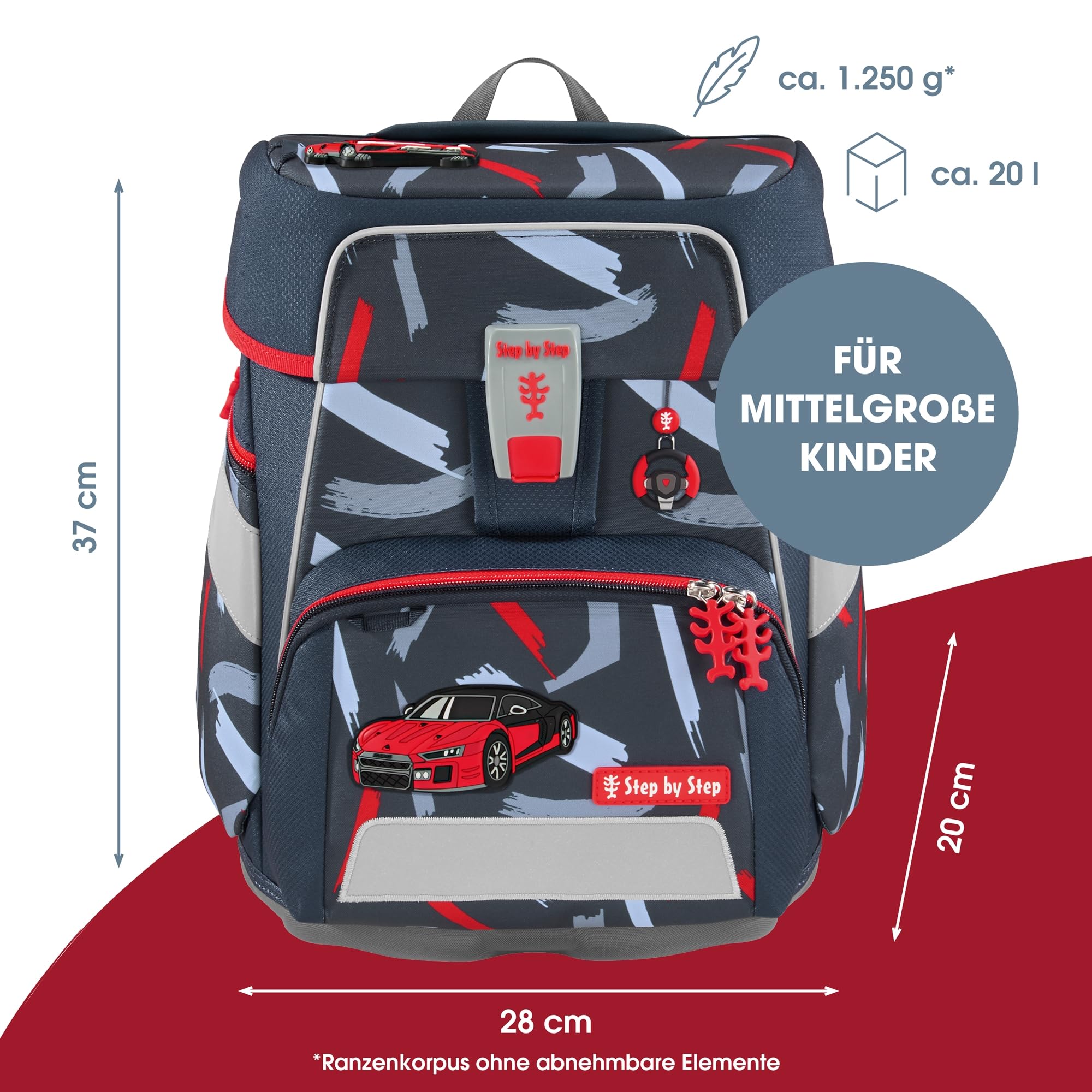 Step by Step Schulranzen-Set SPACE „Sports Car Mick“ 5-teilig, grau-rot, Auto-Design, ergonomischer Tornister mit Reflektoren, höhenverstellbar mit Hüftgurt für Jungen ab der 1. Klasse, 20L