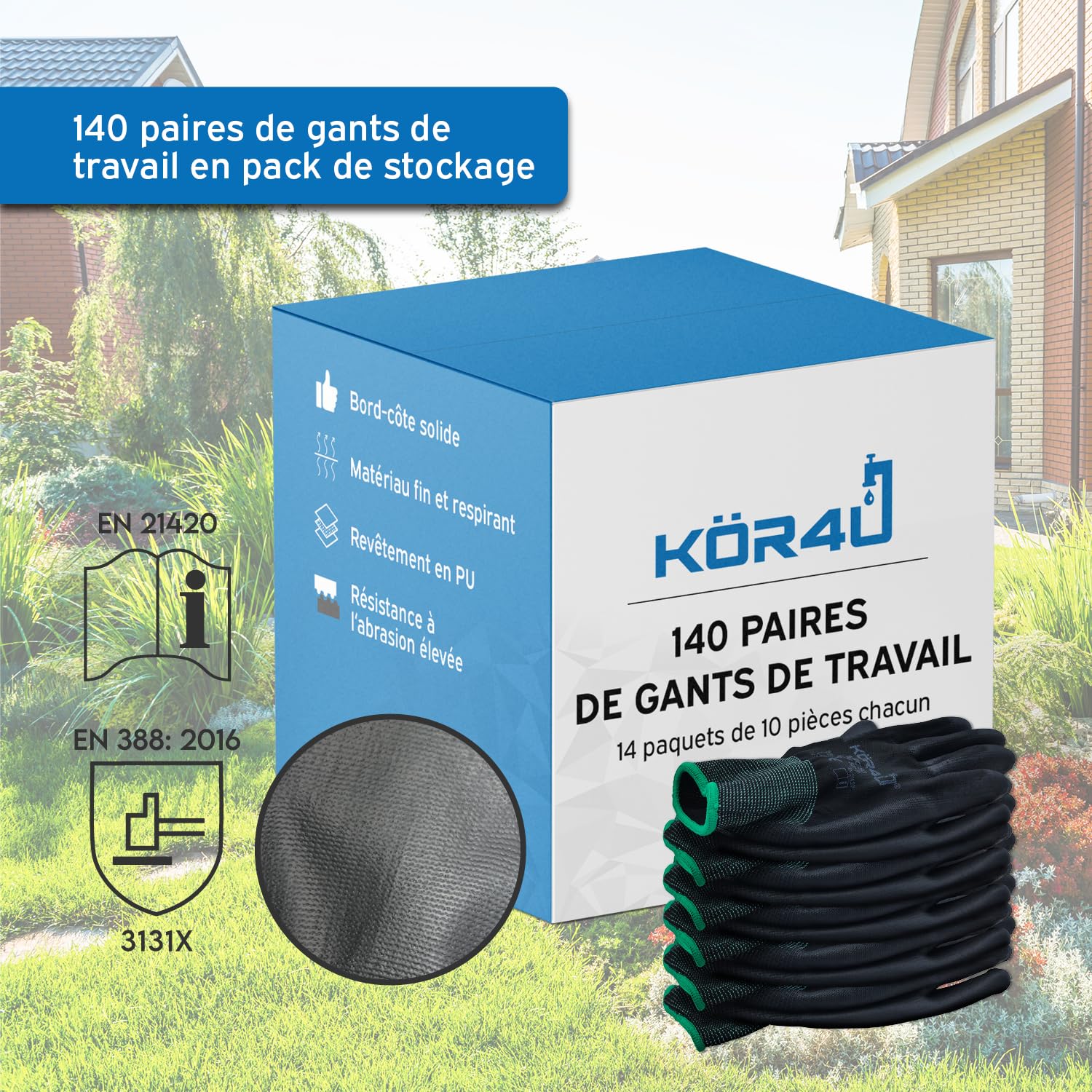 kör4u Lot de 140 paires de gants de travail respirants et revêtus pour la protection, gants de jardinage pour femme et mécanicien, avec revêtement PU de haute qualité, fins et légers