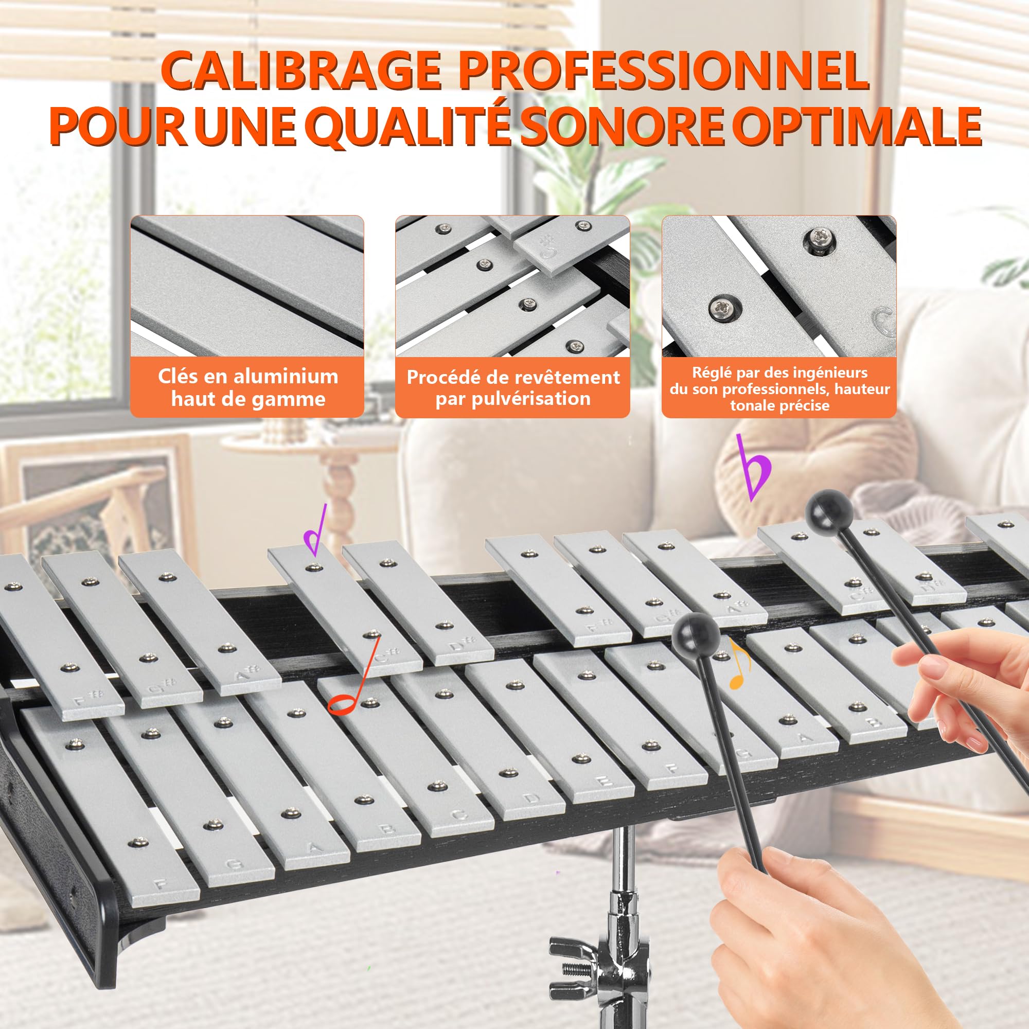 OUUTMEE Xylophone Glockenspiel à 32 Notes Pliable avec support Réglable en Hauteur, Glockenspiel avec 4 Maillets et Un Sac de Transport pour Enfants et Adultes, Instrument de Percussion Professionnel