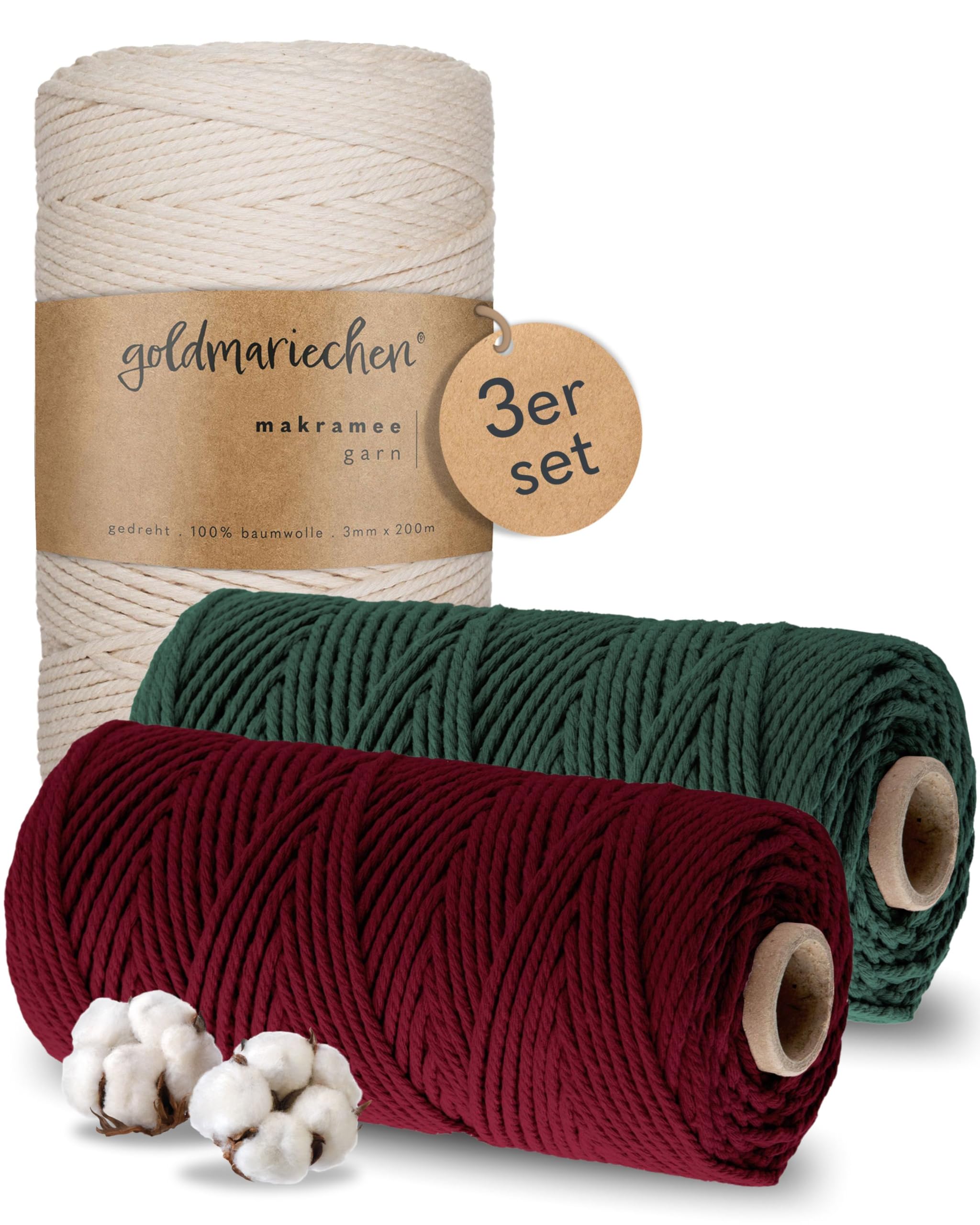 goldmariechen Przędza do makramy, zestaw 3 sztuk (naturalna, burgundowa, jodłowa) | 3 mm x 100 m | 100% bawełna | opakowanie bez plastiku | makrama bawełniana włóczka bawełniana do majsterkowania