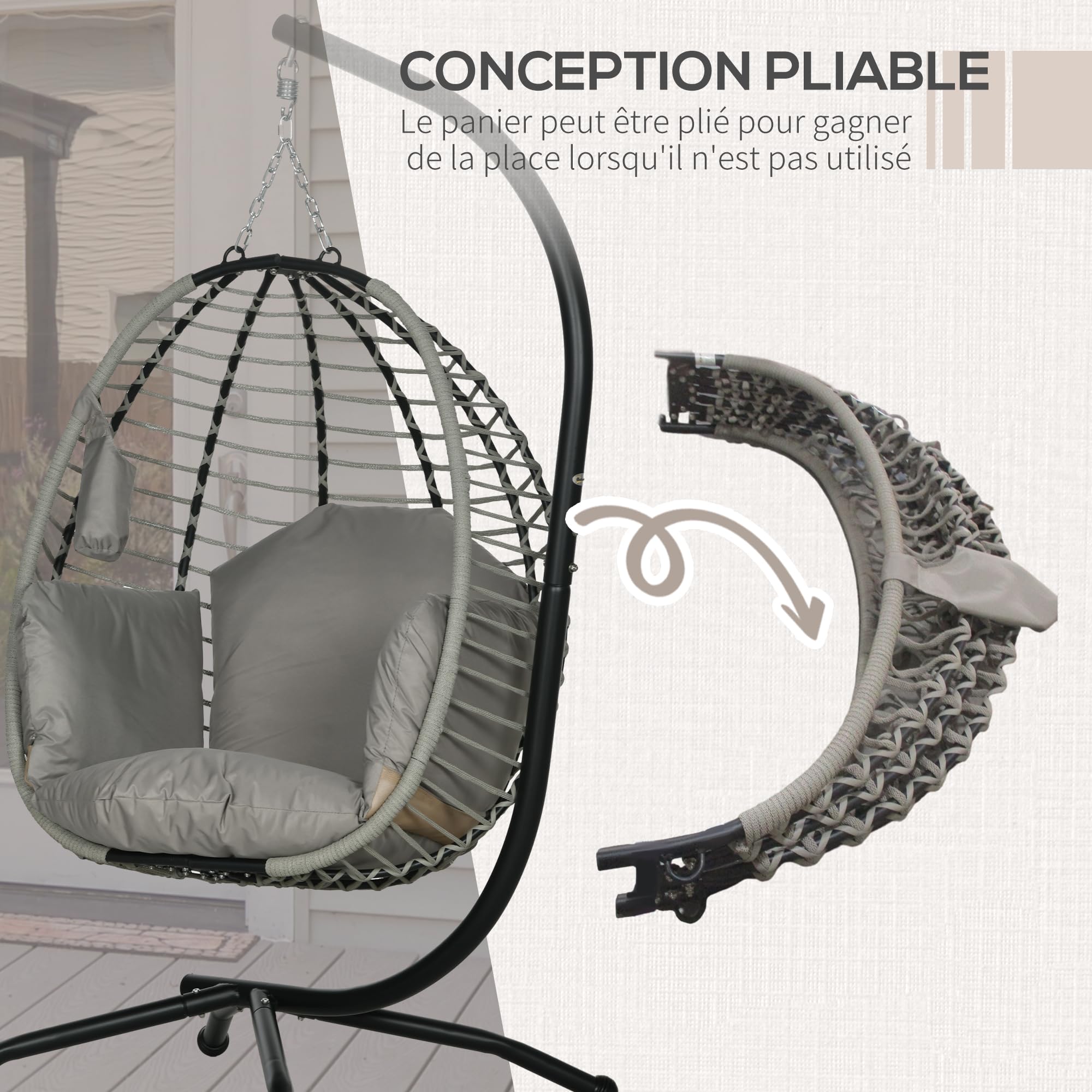 Outsunny Fauteuil œuf Suspendu balancelle Pliante avec Coussin et Support Usage intérieur extérieur métal Corde en polypropylène dim. 110L x 100l x 188H cm Gris