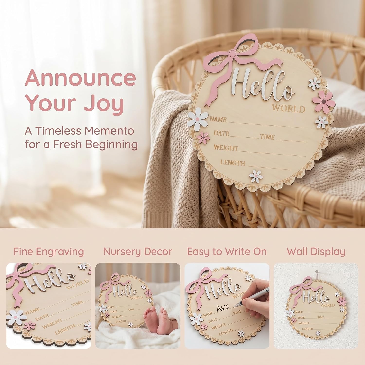 Baby Announcement Sign 5.9 Inch Hello World newborn sign Boy or Girl Sign image 5
