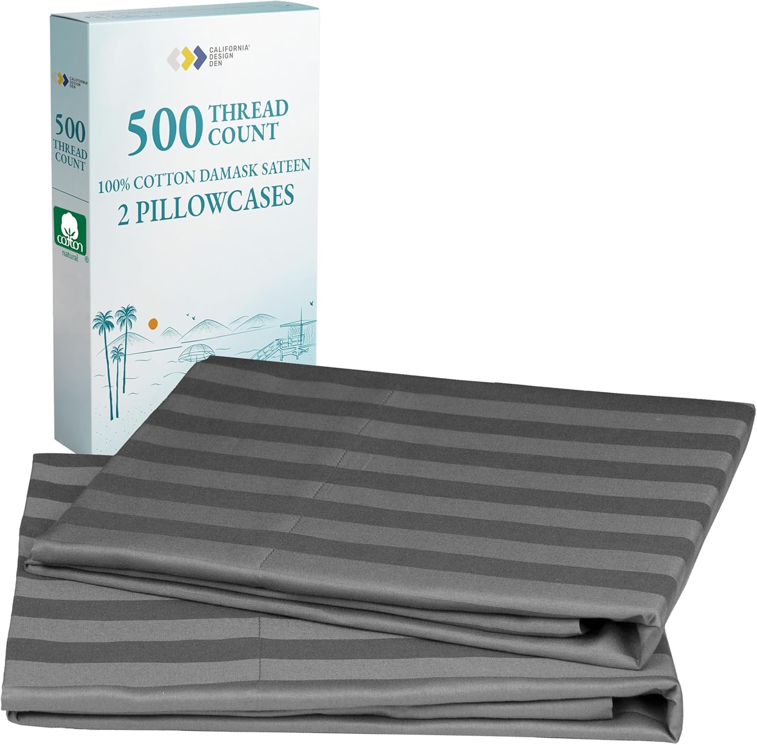 CALIFORNIA DESIGN DEN Soft & Silky 500 Thread Count 100% Cotton Sateen, Cool & Smooth with A Classic Opening, Set of 2 King Pillow Cases (Damask Stripe - Dark Gray)