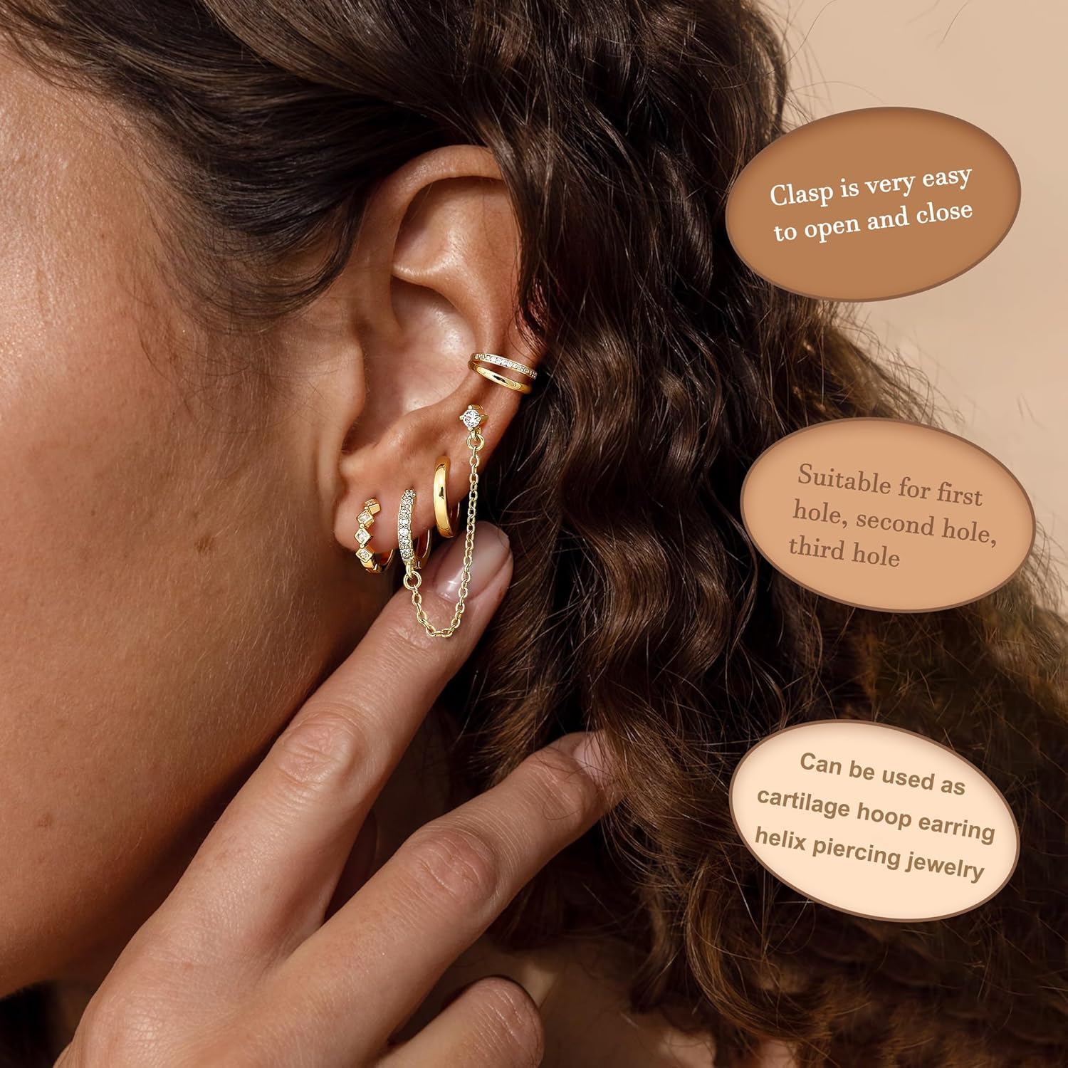 Florideco 4 Pairs Small Hoop Earrings for Women Trendy 14K Gold Plated Chain Drop Earrings Set Hypoallergenic CZ Huggie Hoops Lightweight Cartilage Earring Stacks Women's Jewelry Gifts - Image 3