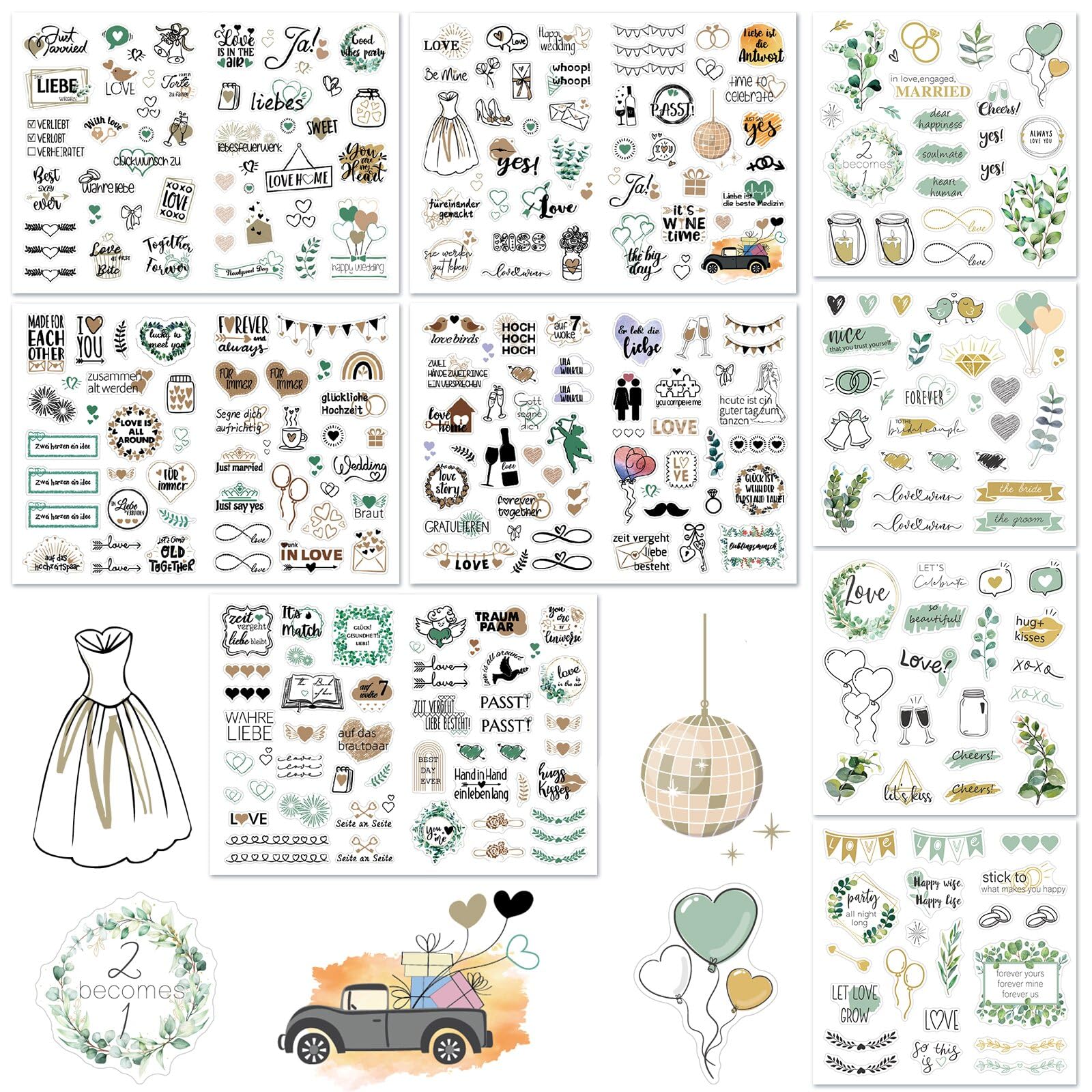 TAKONE Adesivi Per Matrimonio Libro Ospiti – 4 Fogli A5 Con 221 Motivi, Adesivi A Tema Love, Mr & Mrs, Eucalipto, Per Scrapbooking E Album
