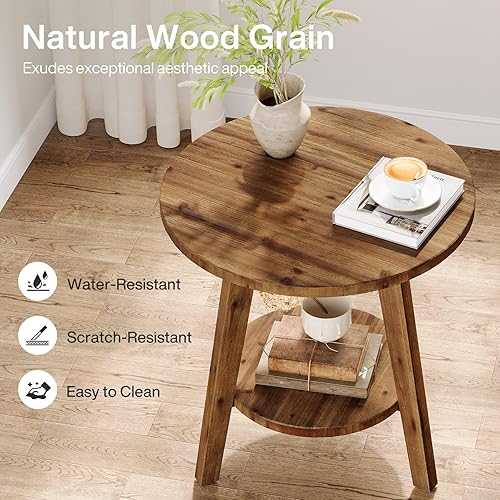 Miniatura 5 de Mesa auxiliar redonda de madera maciza, mesa auxiliar de sofá con estante de almacenamiento, mesita de noche de granja para sala de estar,