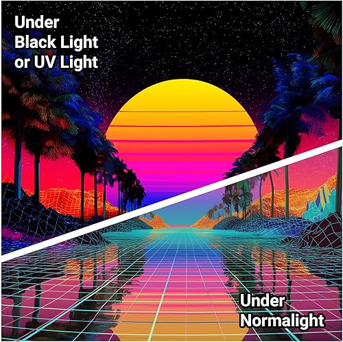 Miniatura 4 de Tapiz retro de los años 80 con luz negra, diseño de palmeras y montañas que brilla en la oscuridad, para colgar en la pared, reactivo a los rayos