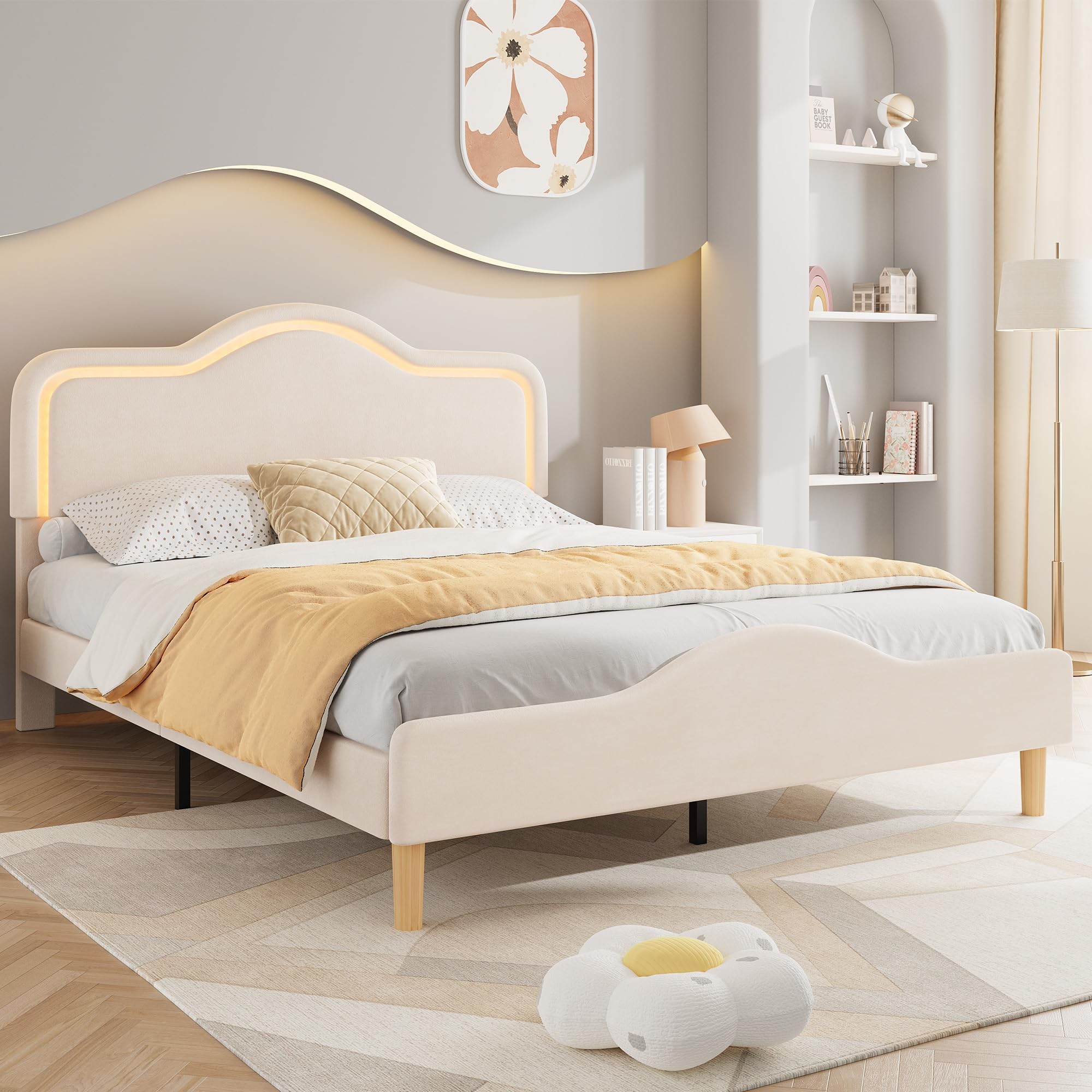 Queen Size Upholstered LED Bed Frame with Adjustable Headboard and Footboard, Velvet Princess Platform Bedframe for Kids/Girls, Wooden Slats Support, No Box Spring Needed, Easy Assembly, Beige