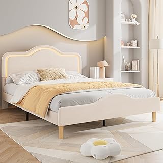 Garvee Full Size Upholstered LED Bed Frame with Adjustable Headboard and Footboard, Velvet Princess Platform Bedframe for Kids/Girls, Wooden Slats Support, No Box Spring Needed, Easy Assembly, Beige