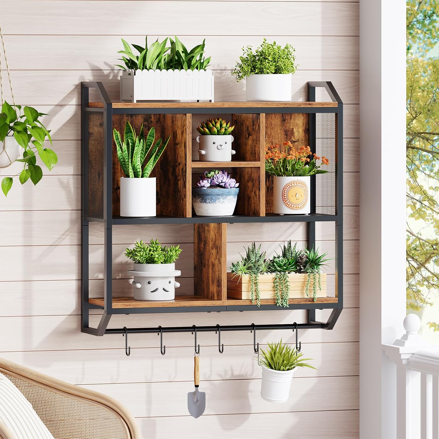 HOOBRO Gaming Floating Shelves with LED Lights, 28.7" LED Wall Mounted Shelf, 3-Tier Display Rack for Wall Storage, Floating Rack with Hanging Rod and 6 S-Hooks, Rustic Brown and Black BF70DBJ01