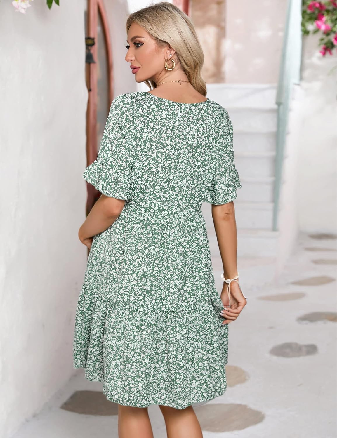 Maternity Dress Womens Casual Babydoll Dress Ruffle Short Sleeve V Neck Floral Printed Flowy Mini Short Tunic Dress