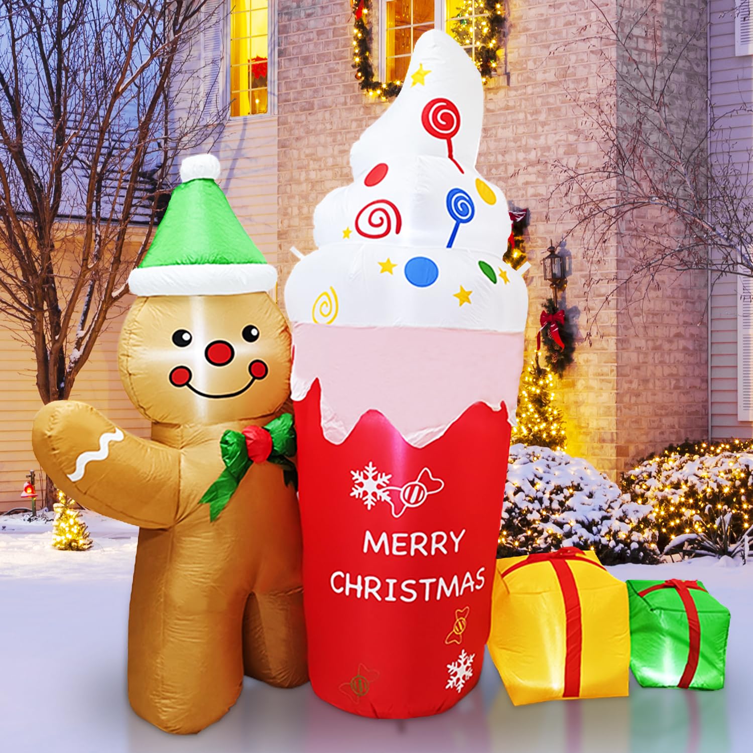 7.5FT Inflatable Christmas Gingerbread Man, Built-in White LEDs Christmas Blow Up Yard Decorations, Xmas Inflatables Outdoor Decorations for Yard Garden Patio Lawn