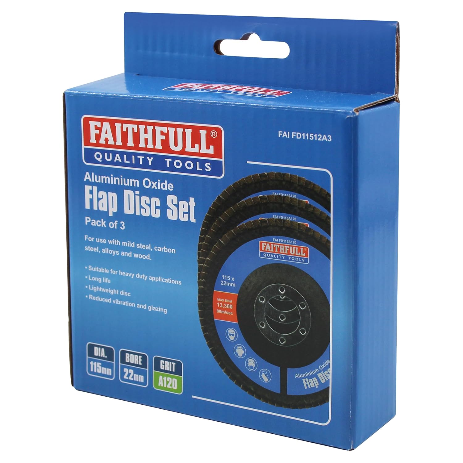 Faithfull FAIFD11512A3 115mm Flap Disc Aluminium Oxide Set - 120 Grit, Angle Grinder Discs for Sanding Steel, Wood, Alloys – 3PCS