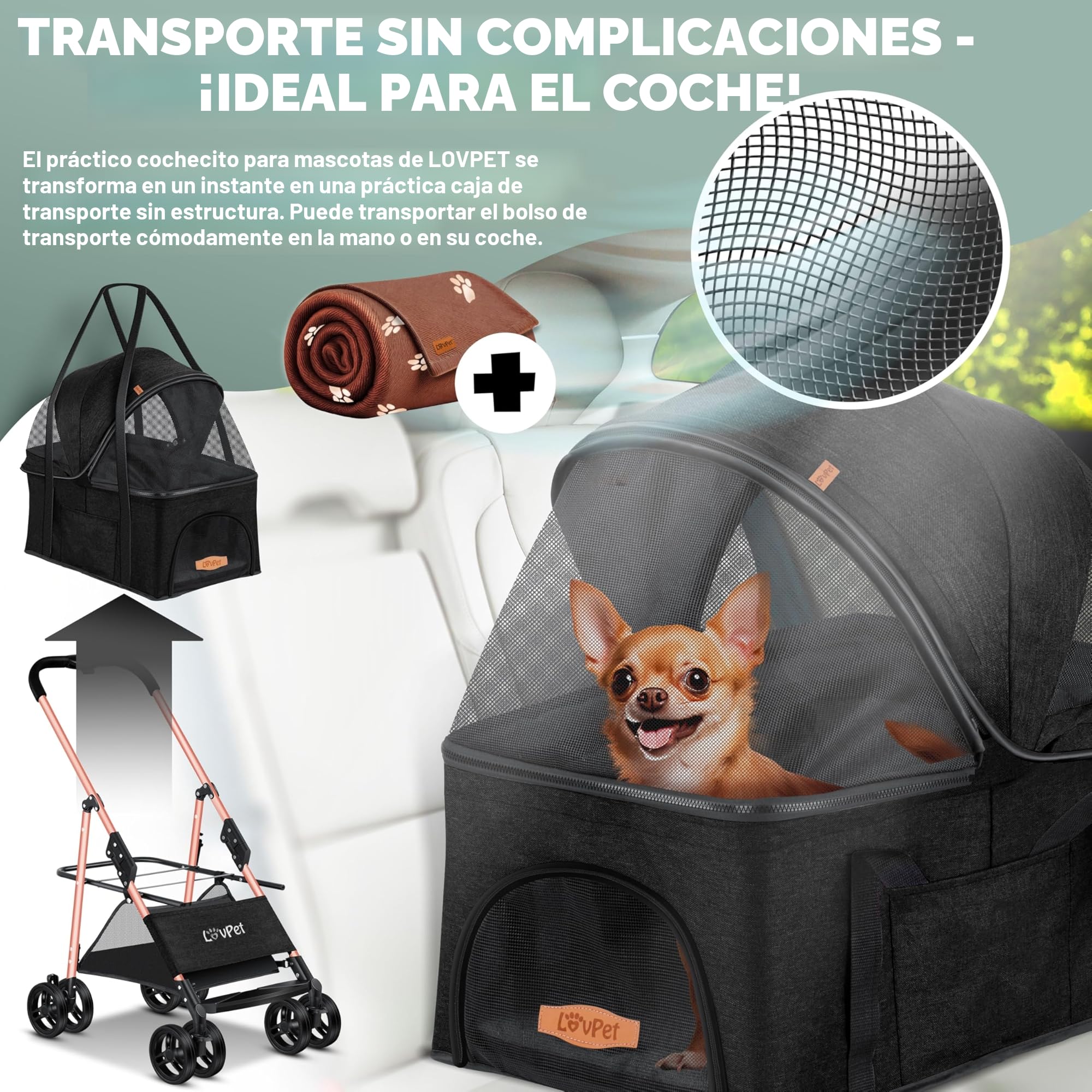 LOVPET Cochecito para perros 2 en 1, bolsa de transporte, plegable, hasta 20 kg, con ventana de red, soporte para bebidas, cubierta de lluvia y manta para correr para mascotas