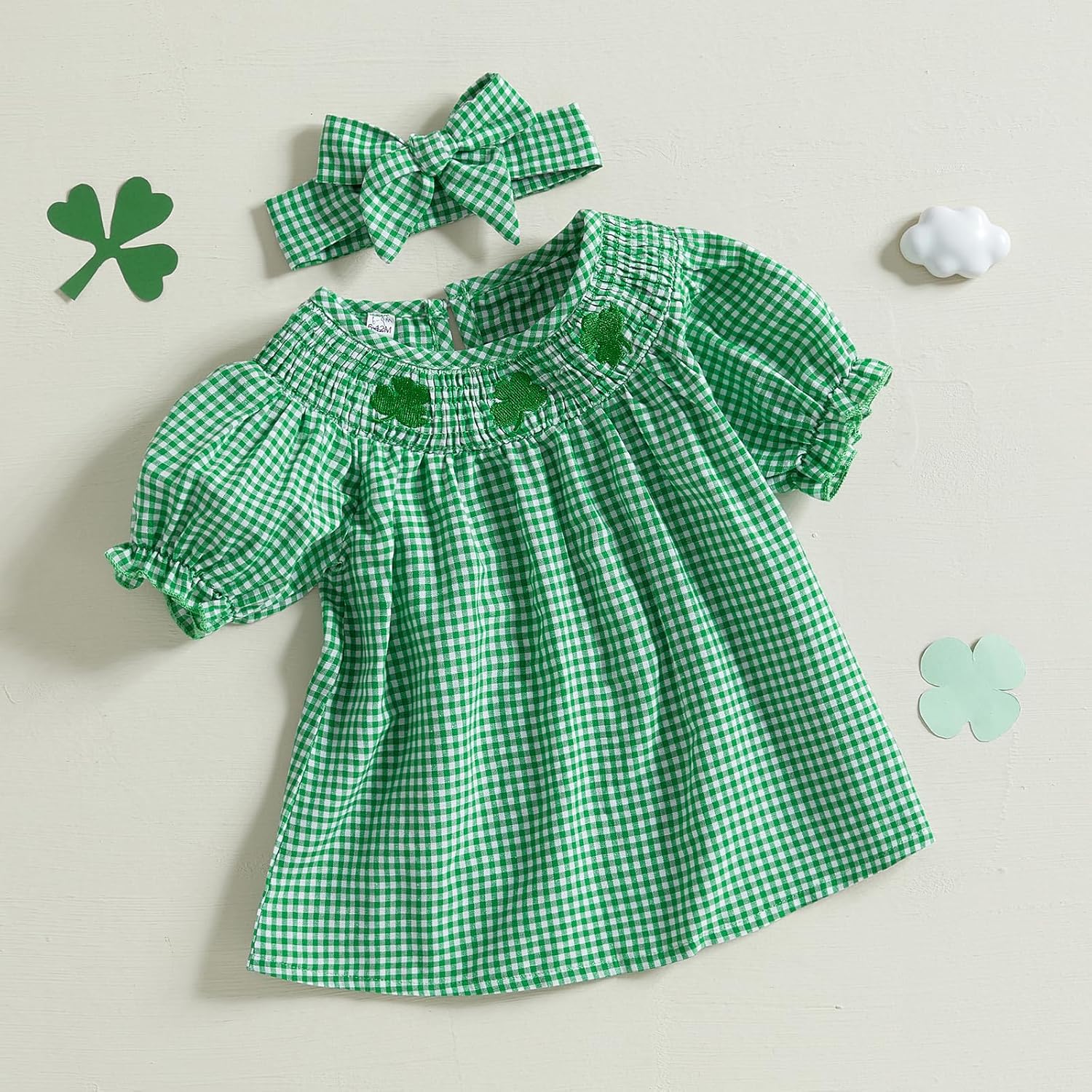 Baby Girl St Patrick’s Day Dress Puff Short Sleeve Smocked Clover Embroidery Plaid Dress Infant Toddler Girl Irish Dresses - Image 6