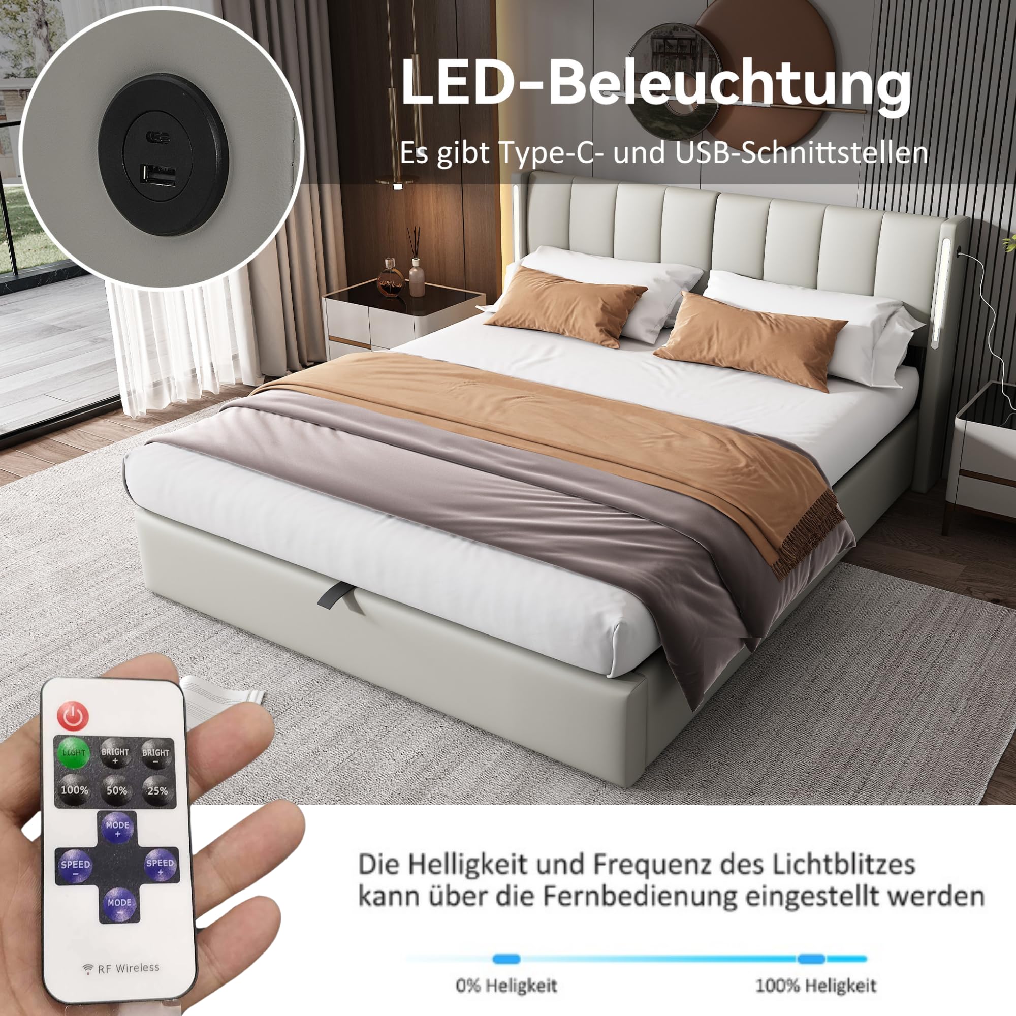 Rtopsu Letto Imbottito Letto Matrimoniale 160x200 cm con USB Type C e LED, Letti con Contenitore, Letti Idraulico con Rete a Doghe e Telaio in Metallo, Testata Regolabile, PU, Grigio, Senza Materasso