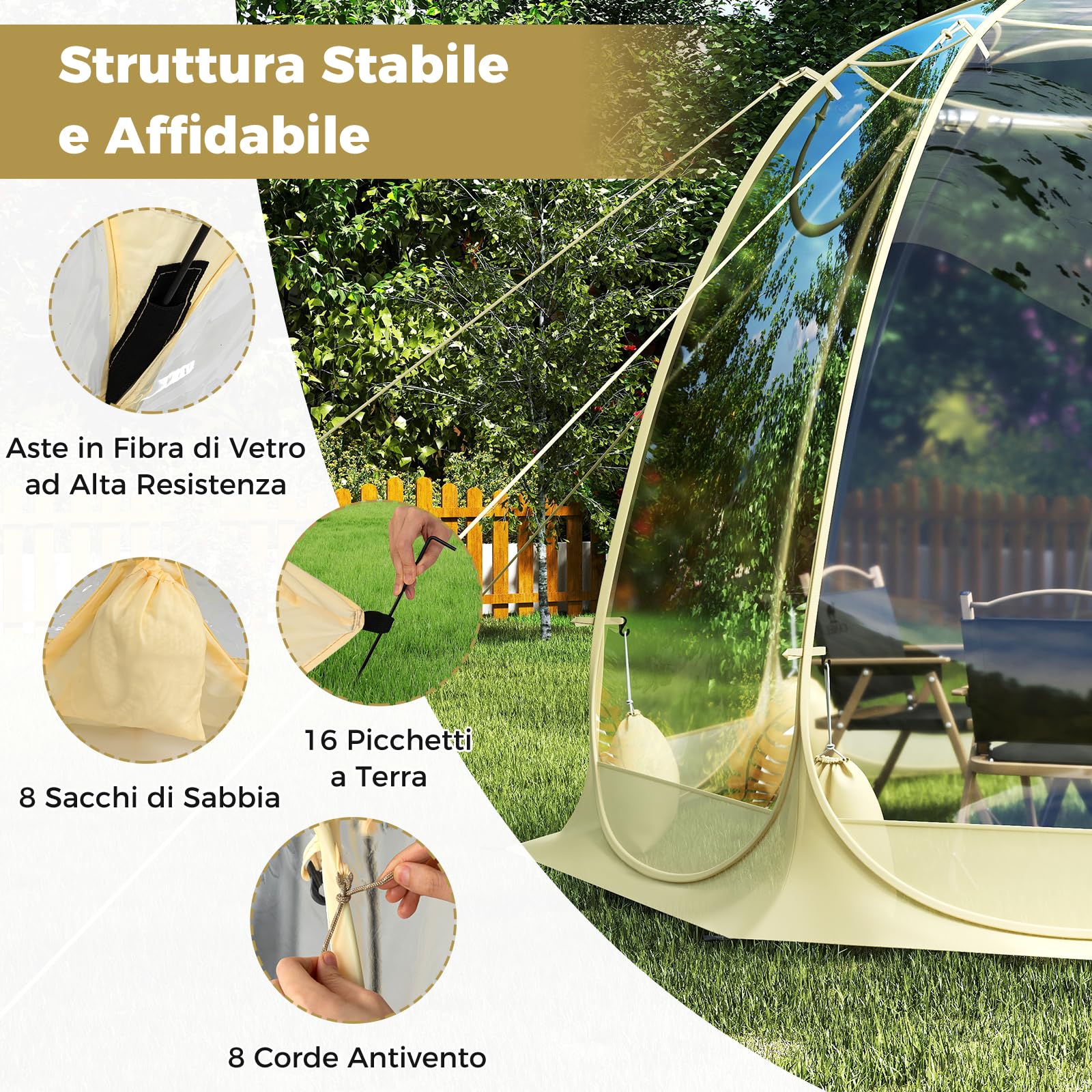 COSTWAY Tenda a Bolle Pop Up, Tenda da Campeggio Trasparente per 5-6 Persone, Antivento e Impermeabile, Igloo Portatile da Giardino in PVC, per Pesca, Spiaggia, Eventi Sportivi e Attività all’Aperto
