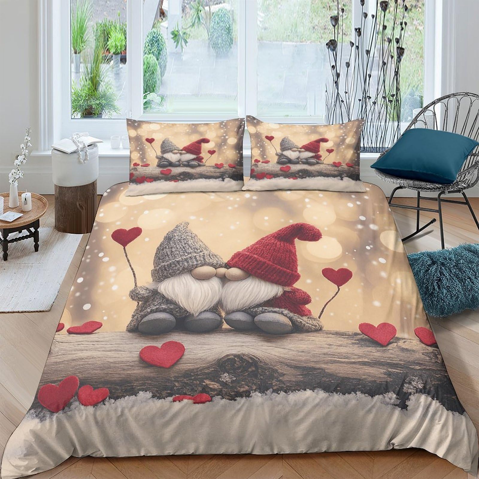 Ctjqhvkz Style-3 3D Printed Gnome Couple Heart Fitted Sheet Microfiber Bedroom Decor Red Grey Mattress Cover Protection Single（135X200cm）
