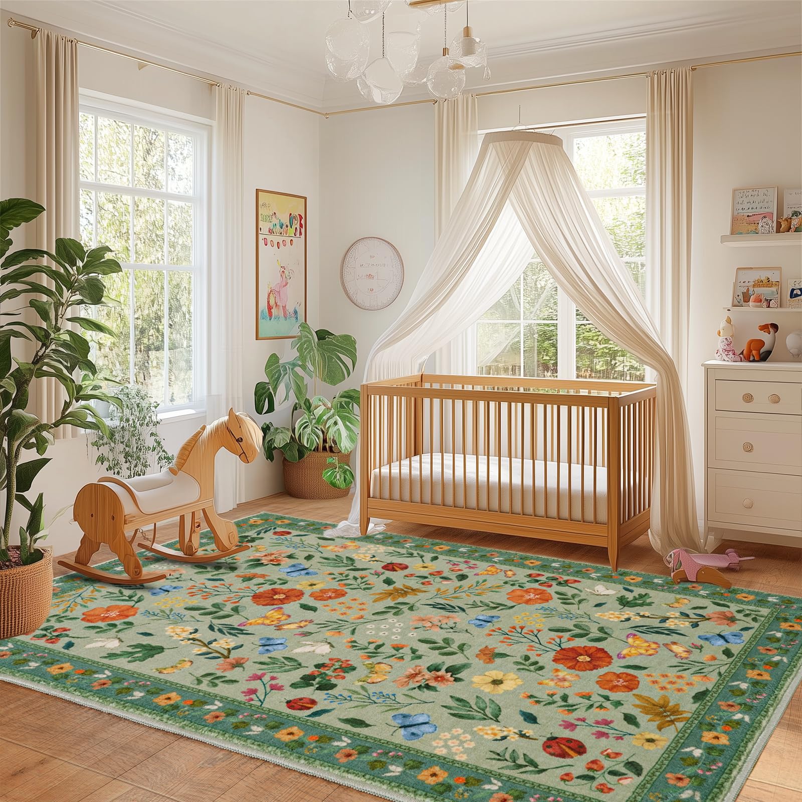 MAST DOO Teppich Wohnzimmer Waschbarer 140x200cm, Boho Blumen Kurzflor Wohnzimmerteppich Groß Teppich für Esszimmer Schlafzimmer Büro, Waschbar rutschfest Teppiche Blumen Design Carpet, Grüne