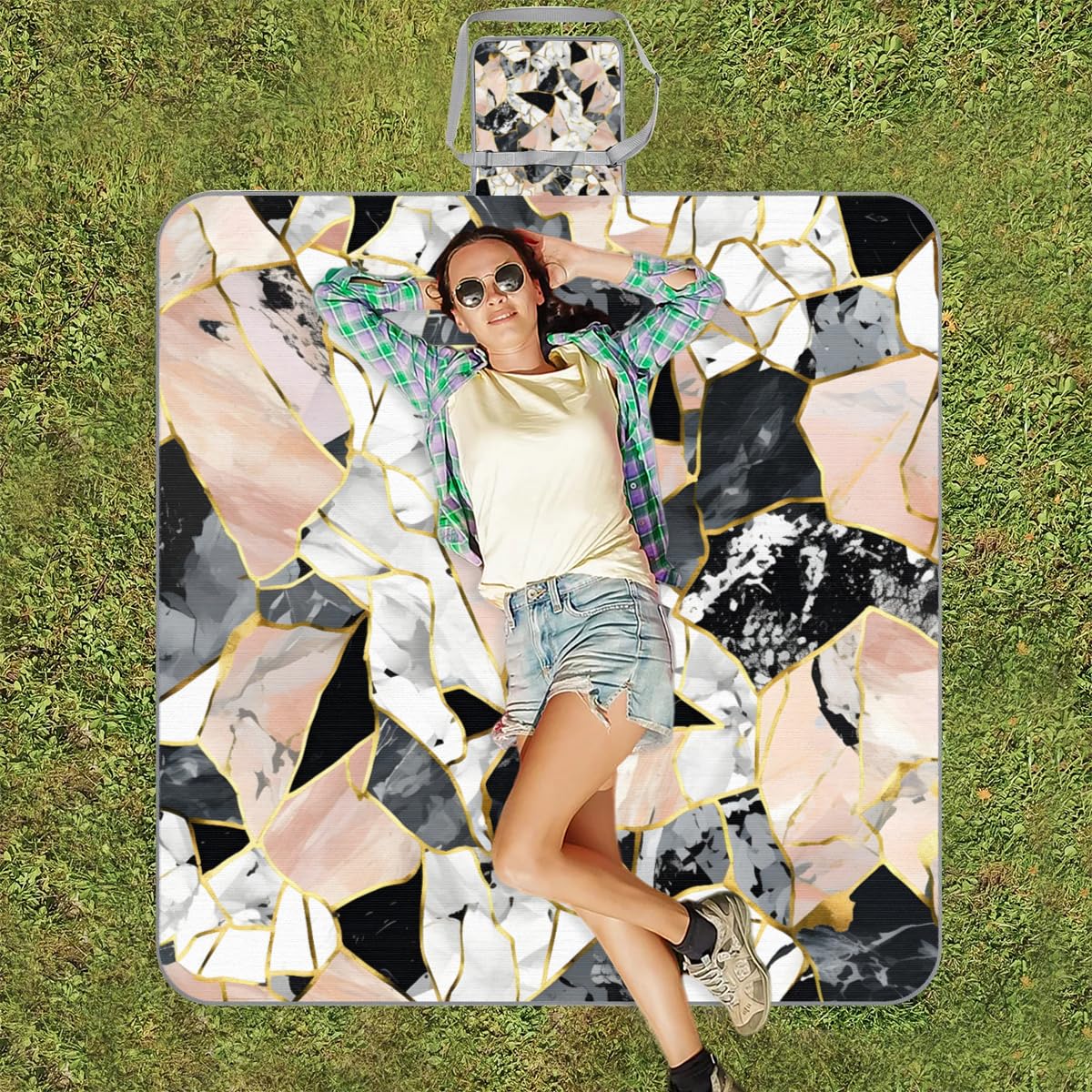 Mantas de picnic de 150 x 145 cm, manta de mármol fractal plegable para exteriores, manta impermeable para playa, camping, senderismo, picnic