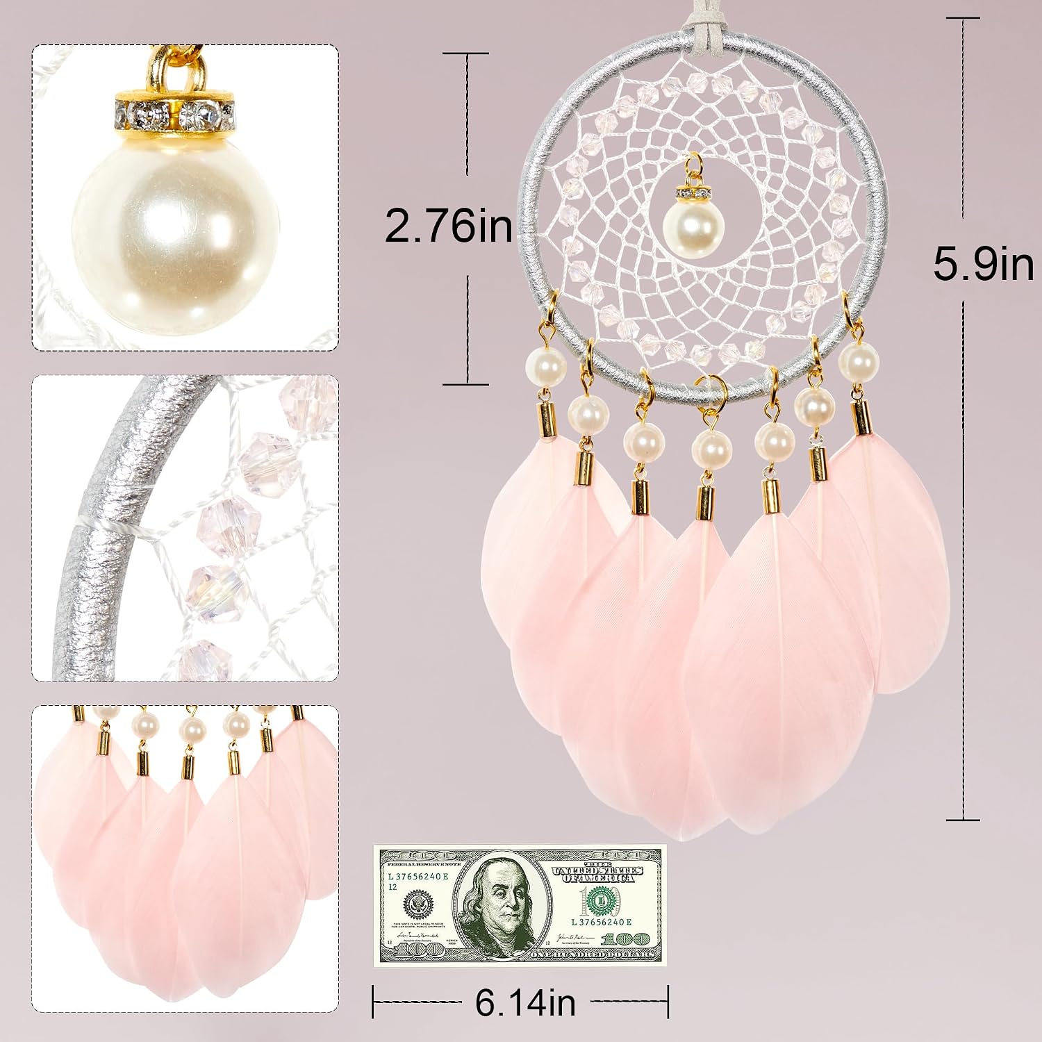 Mini Dream Catchers - Goose Feather with Luxury Pearl, Natural Leather, Handmade Small Dreamcatcher for Bedroom, Dream Catcher for Girls, Dream Catchers for Boys, Dream Catcher Wall Decor
