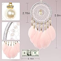 Vista 6 de Mini atrapasueños – Pluma de ganso con perla de lujo, cuero natural, pequeño atrapasueños hecho a mano para dormitorio, atrapasueños para niñas