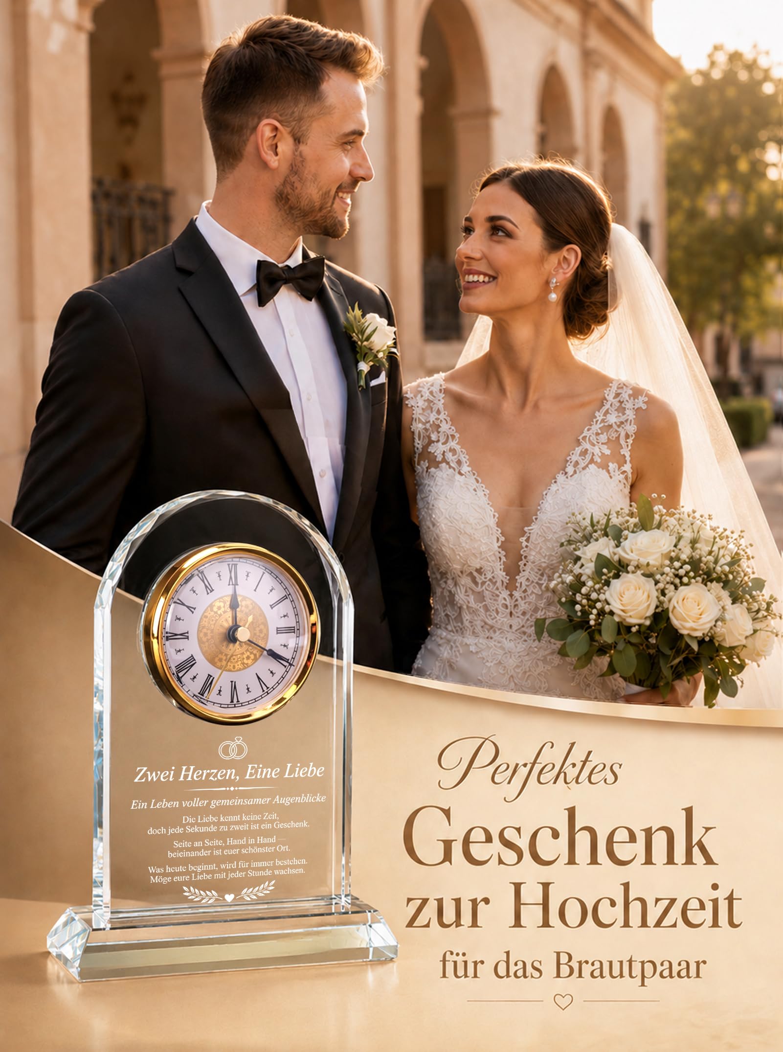 Hochzeitsgeschenk für Brautpaar - Glas Tischuhr mit Lasergravur | Frischverheiratete, Verlobungsgeschenk, Jahrestag-Andenken, edle Hochzeitsdeko, inkl. Geschenkbox