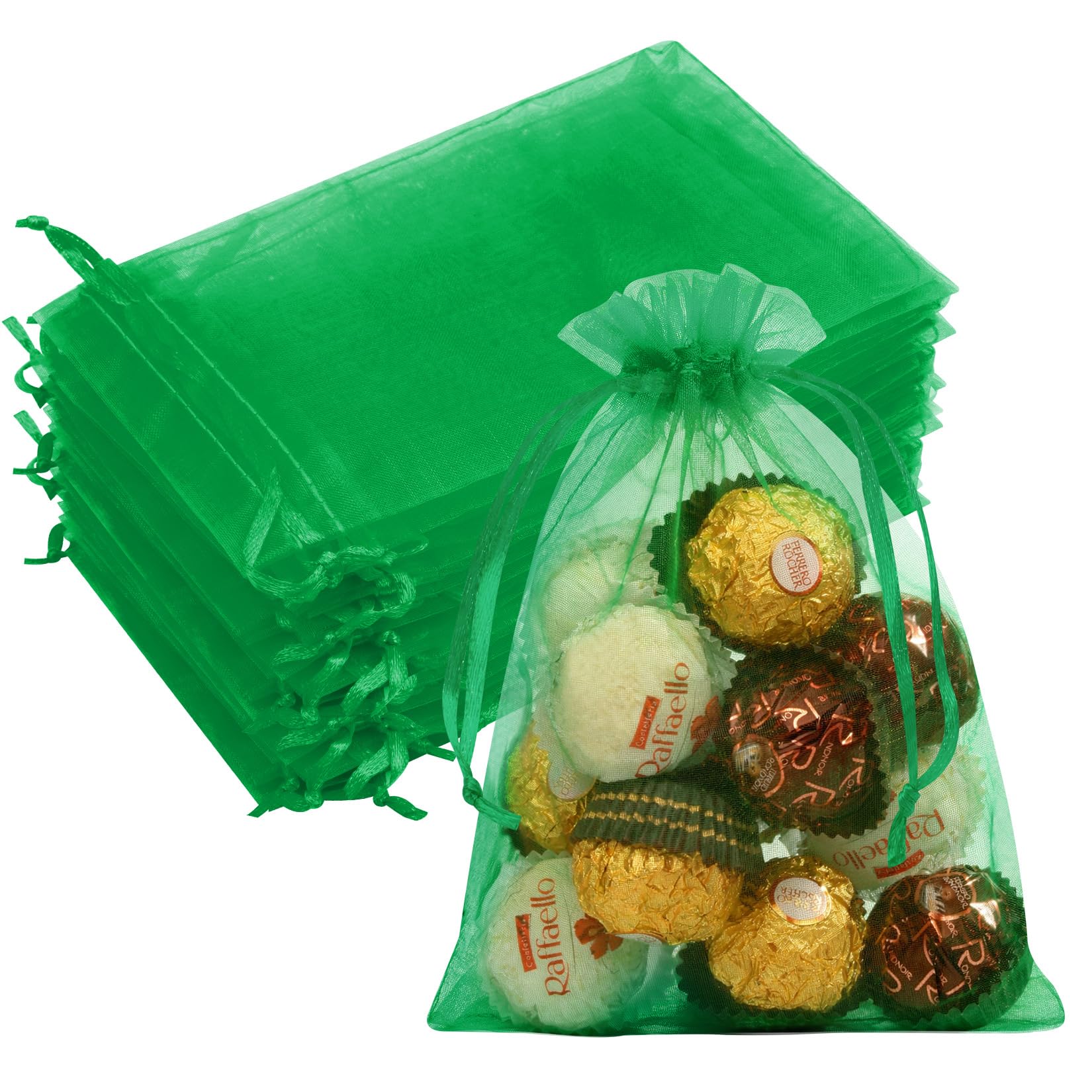 50PCS Green Organza Bags 5x7, Small Gift Mesh Bags Drawstring Mini Pouches Baggies for Candy Treats Jewelry Sachet Soap Wedding Favors Birthday Party Halloween Christmas, Gifts Wrapping