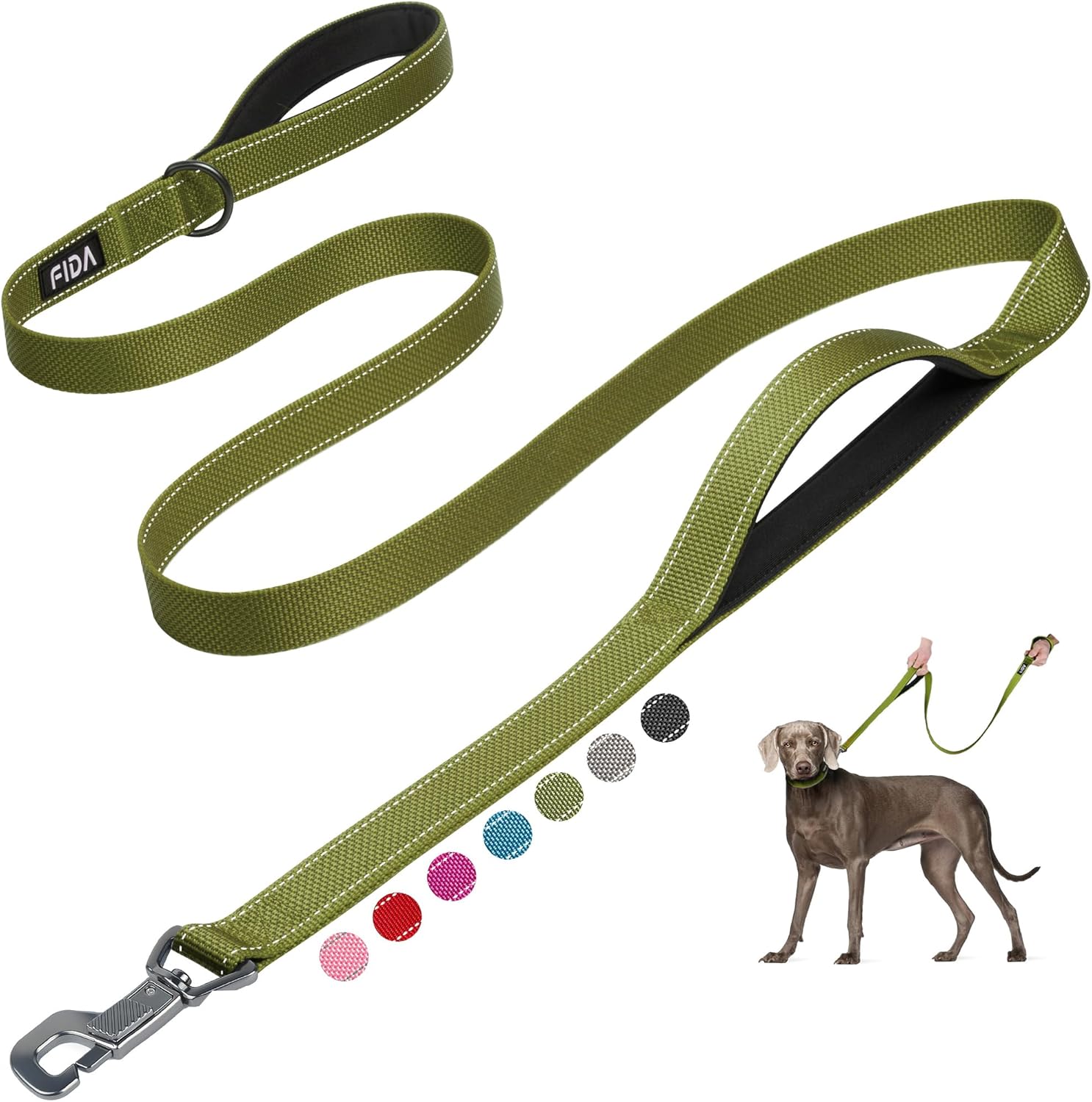 Fida 6 FT Heavy Duty Dog Leash with 2 Comfortable Padded Handles, Traffic Handle & Advanced Easy Snap Hook, Reflective Walking Lead for Large, Medium & Small Breed, Green 6 Feet (Pack of 1) Green