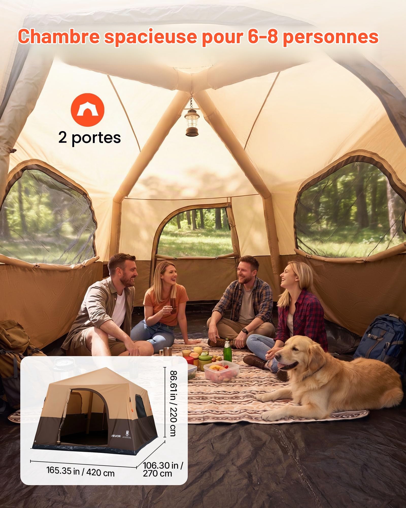VEVOR Tente Gonflable 8 Personnes Pompe Rechargeable Tente de Camping Beige, pour Randonnée et Pique-niques en Famille, avec Tubes d'Air en TPU, 4 Grandes Fenêtres en Maille, Sac de Transport Portable