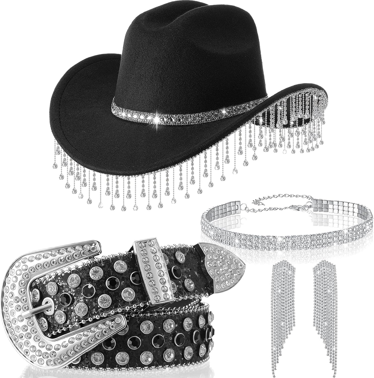 Hercicy 5 Pcs Western Glitter Cowgirl Hat Rhinestone Women Cowboy Hat Sparkly Jewelry Costumes for Disco Bride Party