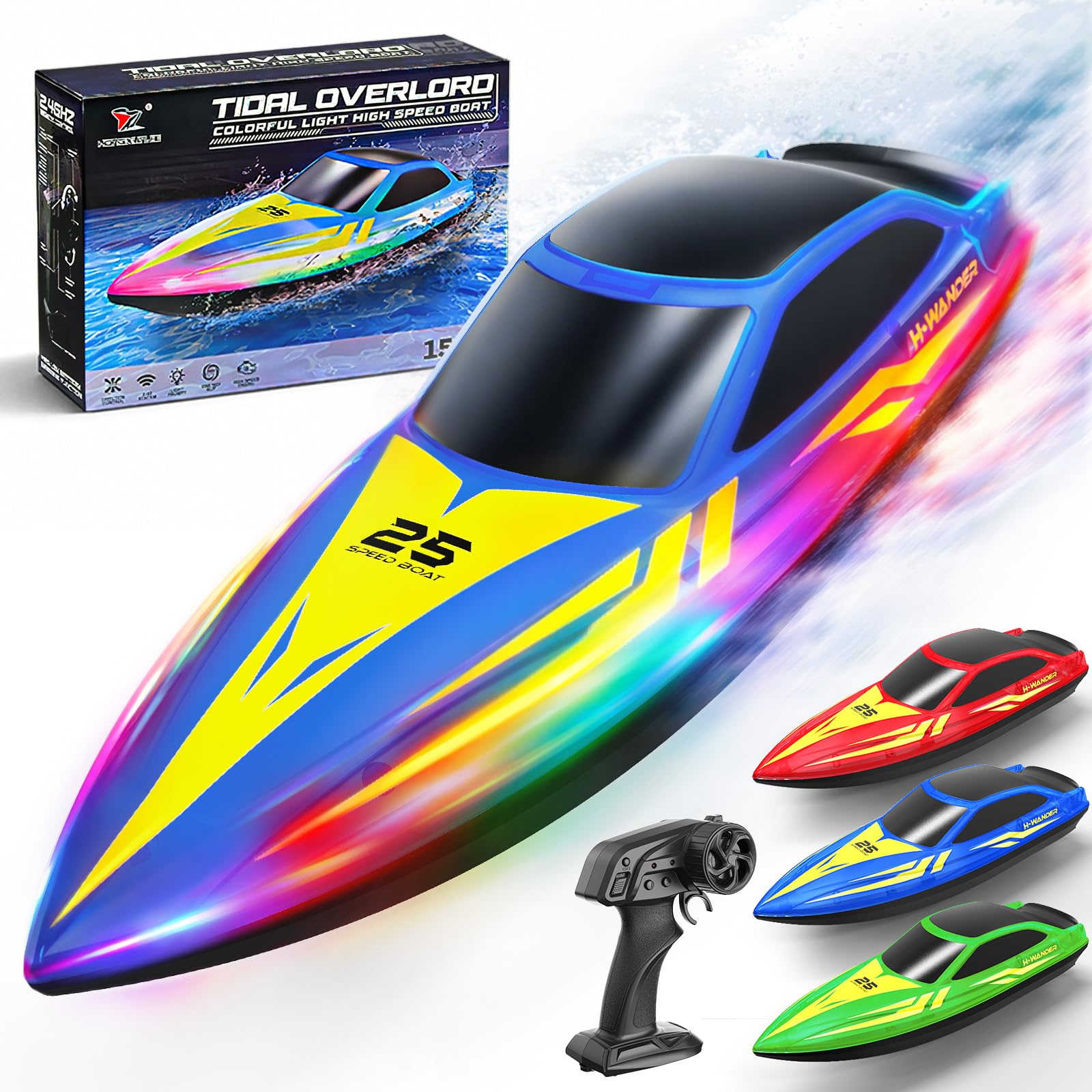 Ferngesteuertes Boot mit LED Beleuchtung, 2.4 GHz RC Boot, 15 km/h, Auto-Flip, 2 Akkus, Blau