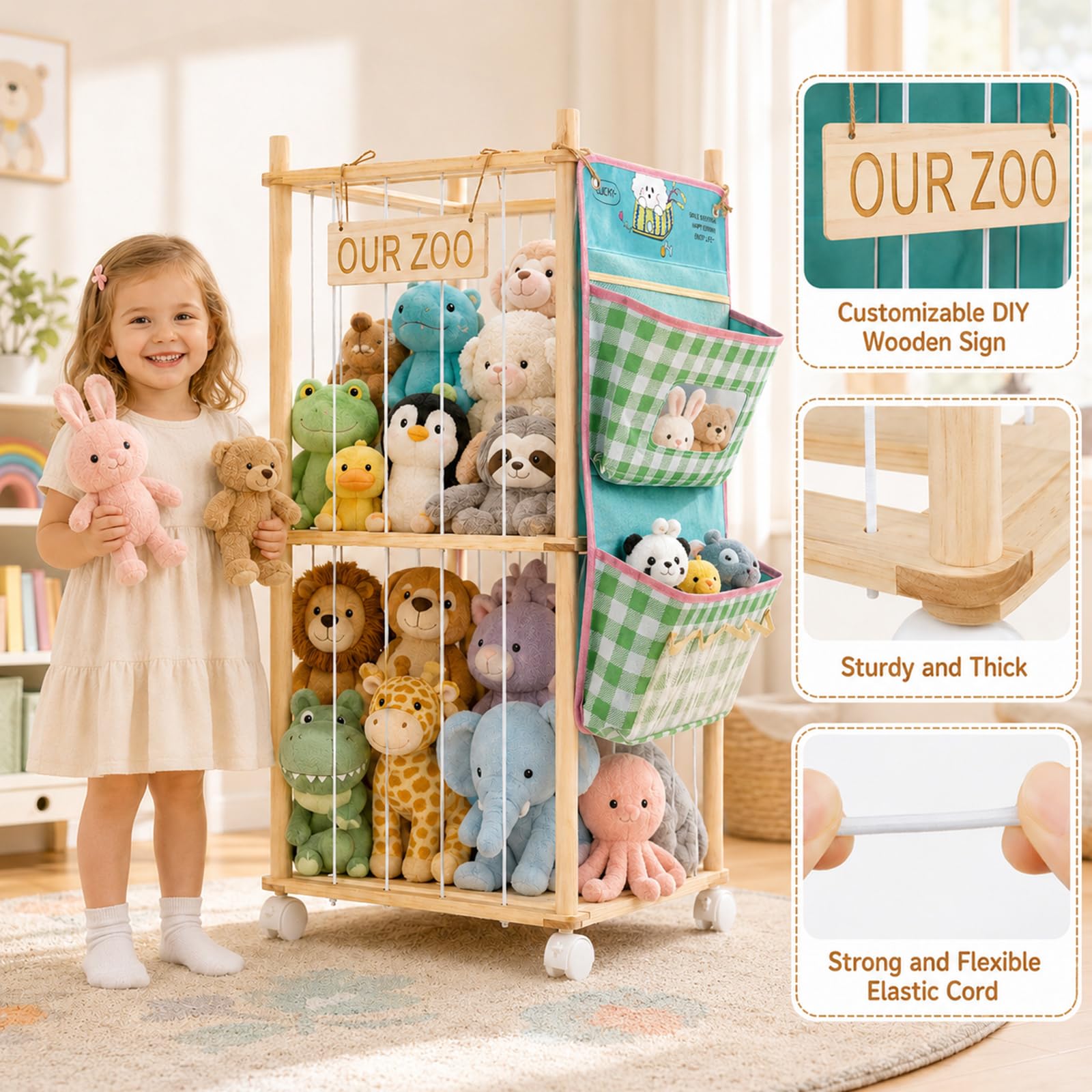 Kuscheltier Aufbewahrung aus Holz, 95cm Stofftier Aufbewahrung mit Rollen & 2 Hängetaschen, Plüschtier Aufbewahrung Kinderzimmer