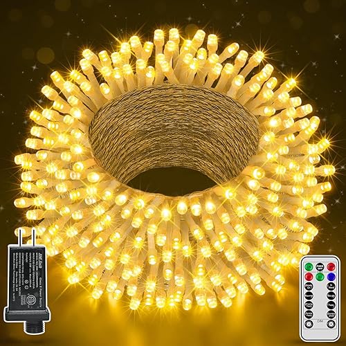 Miniatura 14 de 1000 luces LED de Navidad de 328 pies para exteriores, 8 modos de iluminación, tira de luces blancas con control remoto, luces de Navidad para