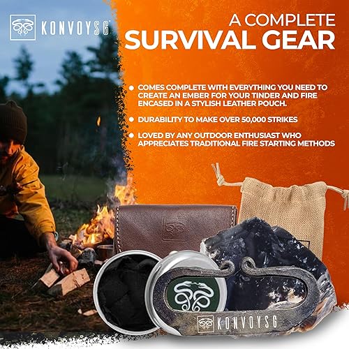 Miniatura 3 de Lanzador de fuego de acero al carbono, piedra de pedernal inglesa y tela de carbonizado tradicional forjado a mano, kit de regalo de cuero con bolsa