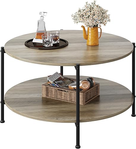 Miniatura 13 de WLIVE - Mesa de centro redonda, mesa de café pequeña de 32.6" con estante de almacenamiento, mesa de centro de madera de 2 niveles para sala de