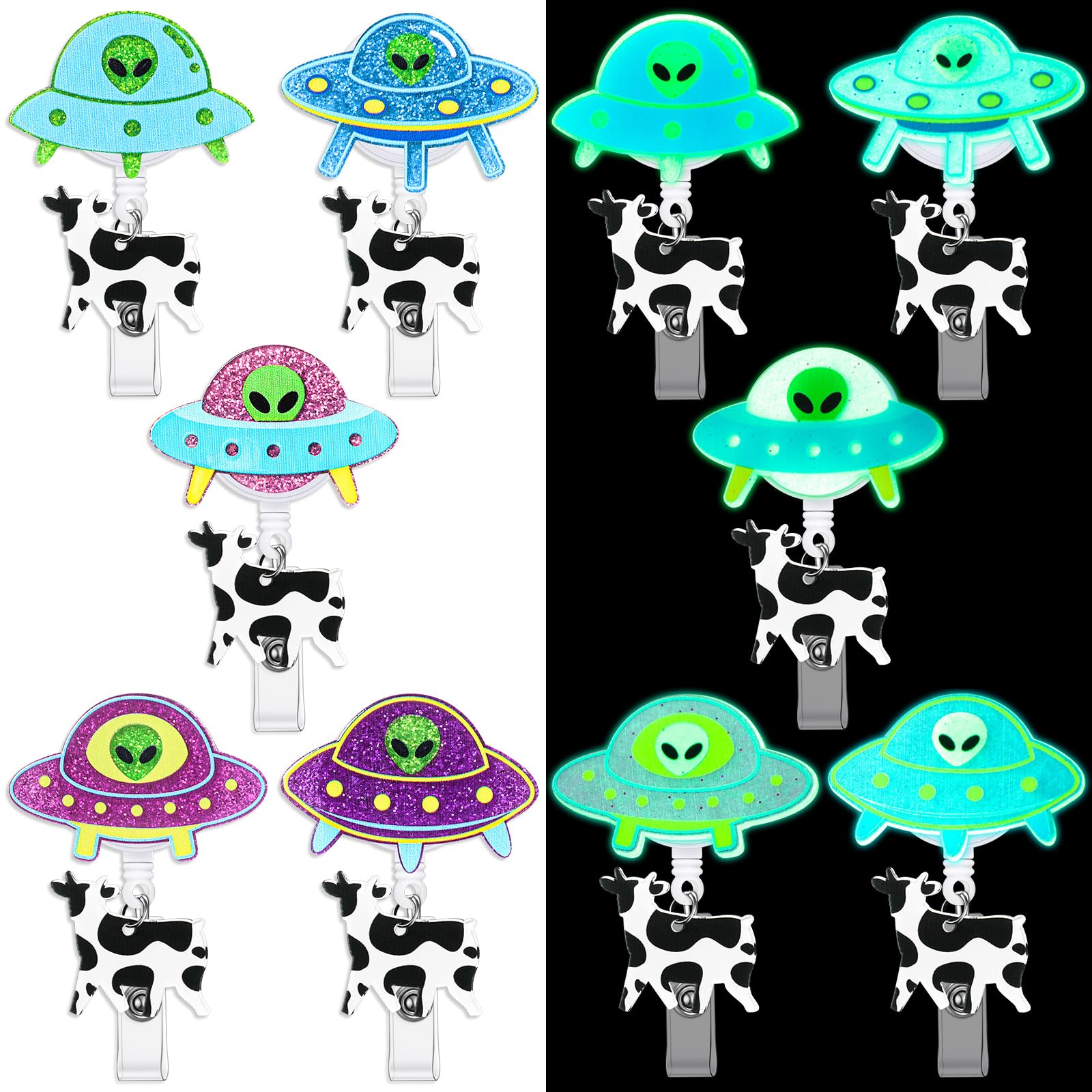 Dunzoom 5 Pcs Alien Badge Reel UFO Cow Badge Reel Holder with ID Clip Funny Cute Kawaii Retractable for Nurse Medical Assistant Nursing Name Tag(