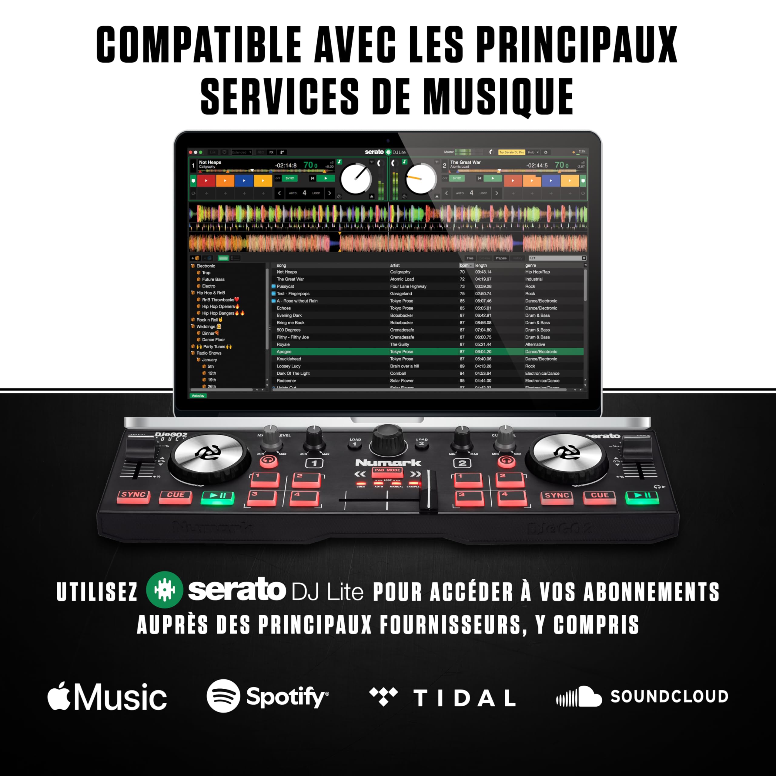 Numark DJ2GO2 Touch Controleur DJ 2 Canaux Portable avec Table de Mixage et Carte Son Intégrées et Platines Tactiles, Livré avec Serato DJ Lite